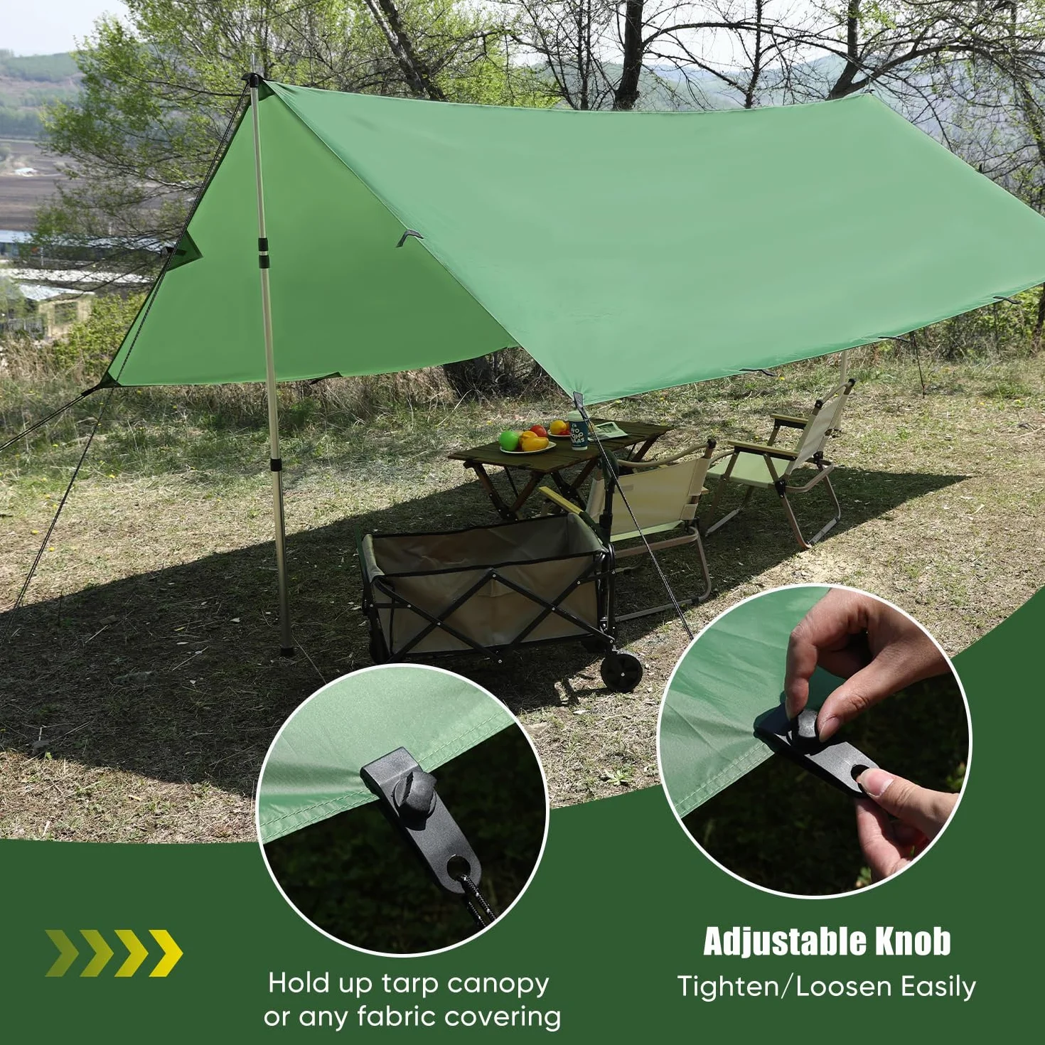 Lona impermeable 3 x 3, lona ultraligera, lona de camping con 19 ojales, pasadores de aluminio, cuerdas de nailon, clips para tiendas de campaña, anti UV, nieve y lluvia, para camping