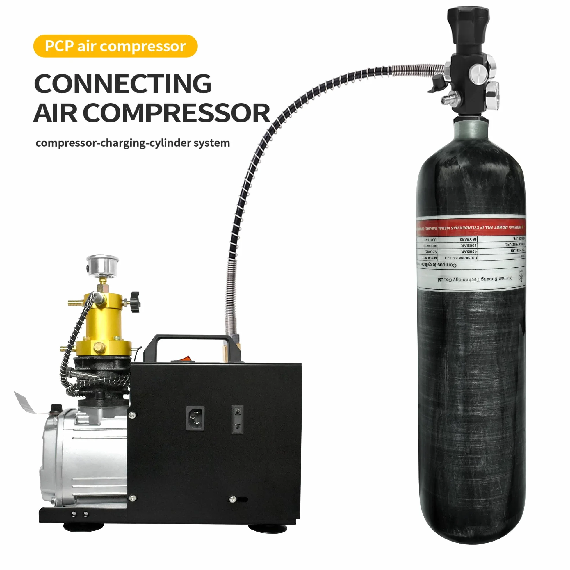 TUXING Depósito de Aire de Fibra de Carbono 3L 4500psi (Botella vacía) con Dos manómetros y Manguera de Alta presión de 24 Pulgadas, Bolsa
