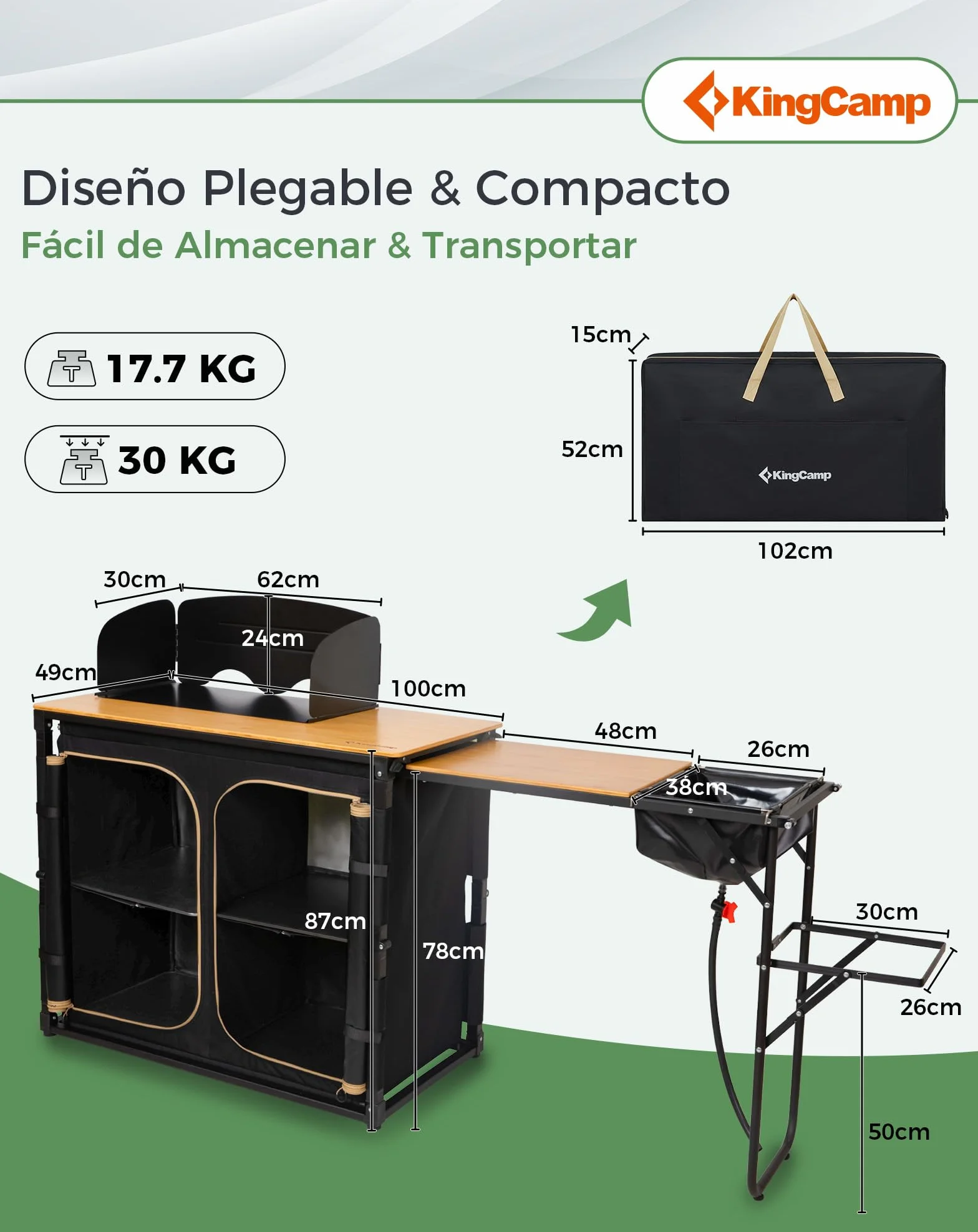 KingCamp Cocina de Camping con Fregadero – Cocina Exterior bambú/Aluminio, Mueble Plegable con Soporte lámpara, Almacenamiento y Protector Viento, Ideal para Camping, Picnic y Barbacoa