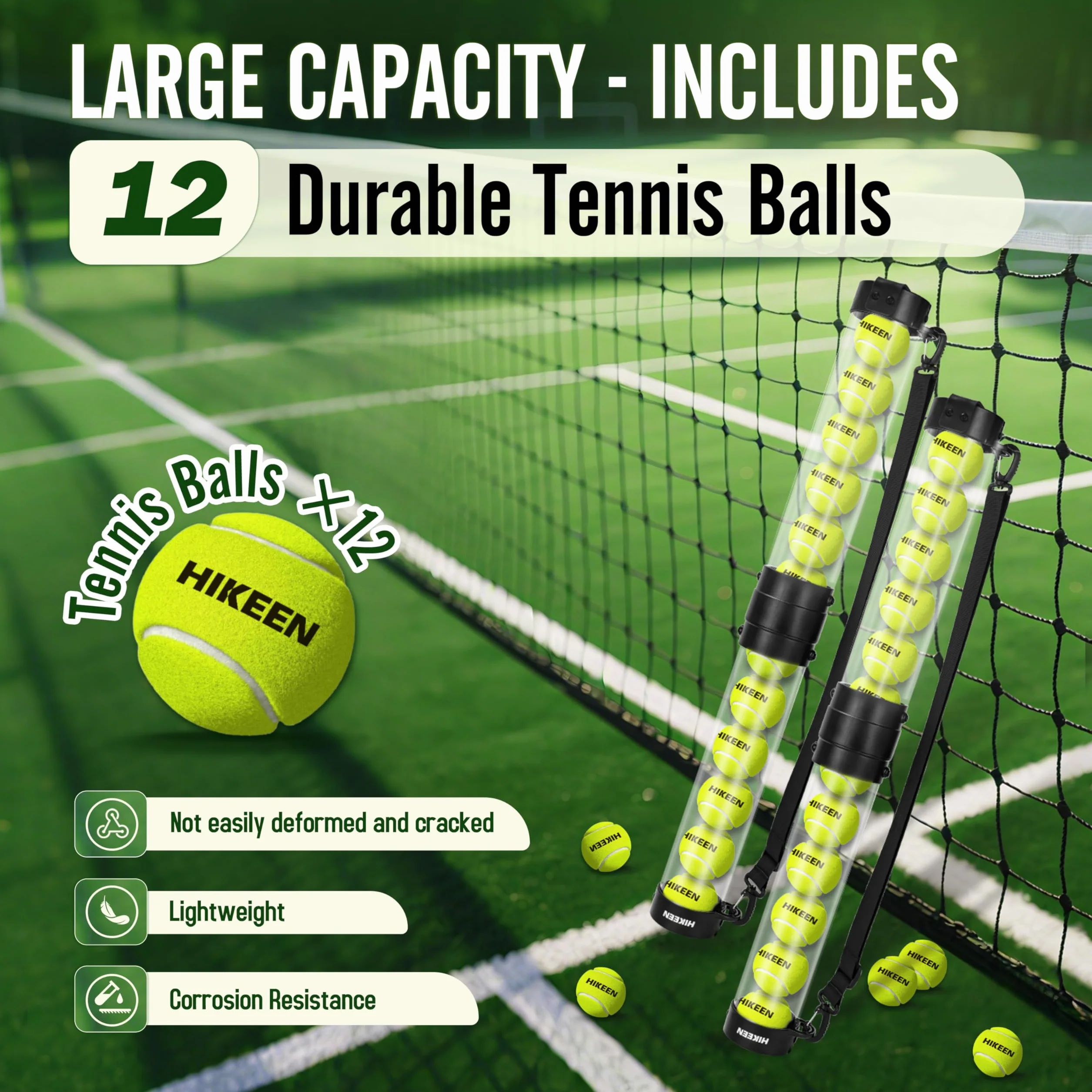 BOOSTEADY Tubo Recogedor de Pelotas de Tenis Duradero con 12 Pelotas de Tenis, Recogida Rápida y Almacenamiento, Tubo con Correa para Hombro