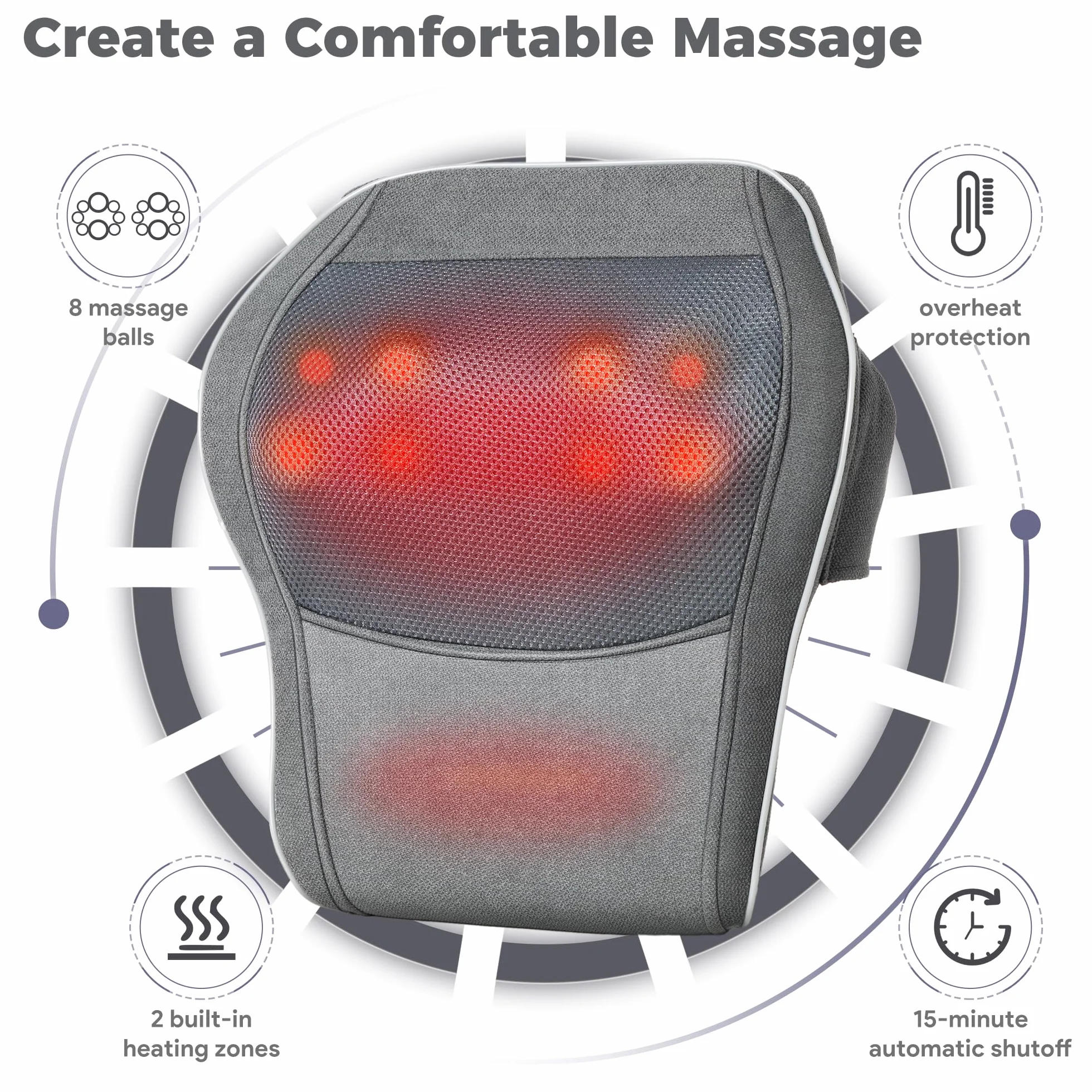 Masajeador Cervical y Espalda, Cojín Masajeador con Cabezal Rotativo para Cuello, Hombros, Piernas - Gris
