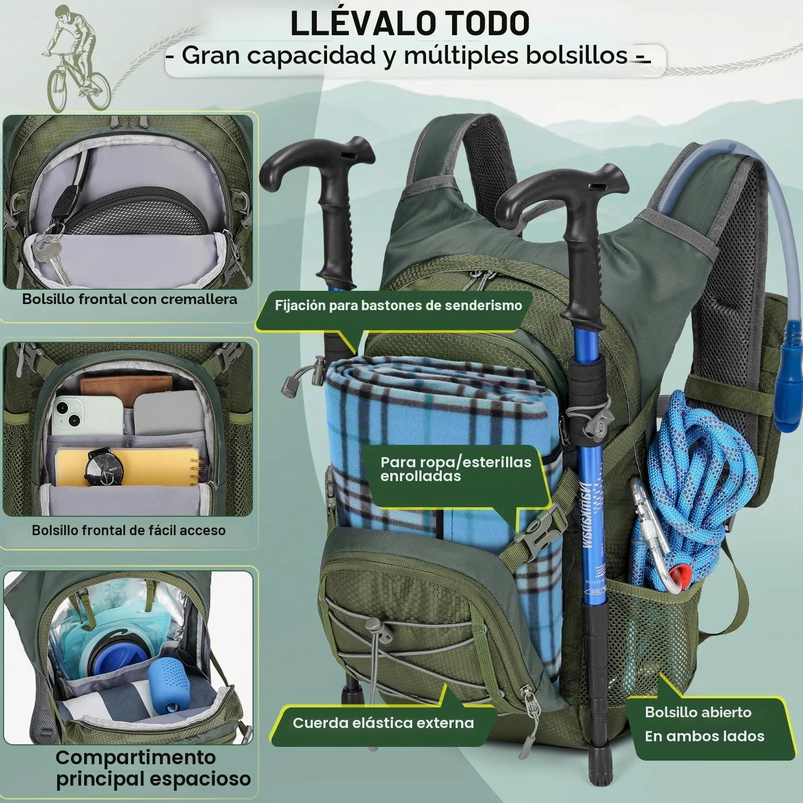 RAINSMORE Mochila de Hidratación con Bolsa de Agua 2L Mochila Bicicleta Montaña Mujer Hombre con Funda Impermeable para Senderismo Correr Ciclismo Trail Running Escalada Deportes al Aire Libre