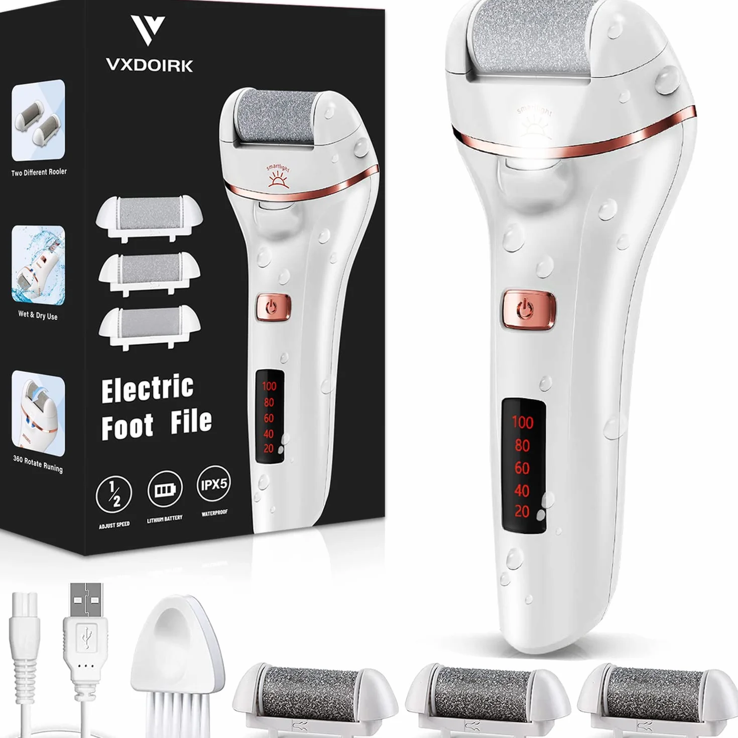 Vxdoirk Profesional Quita Durezas para Pies Electrico Recargable e Impermeable 3 Rodillos 2 Velocidades Blanco