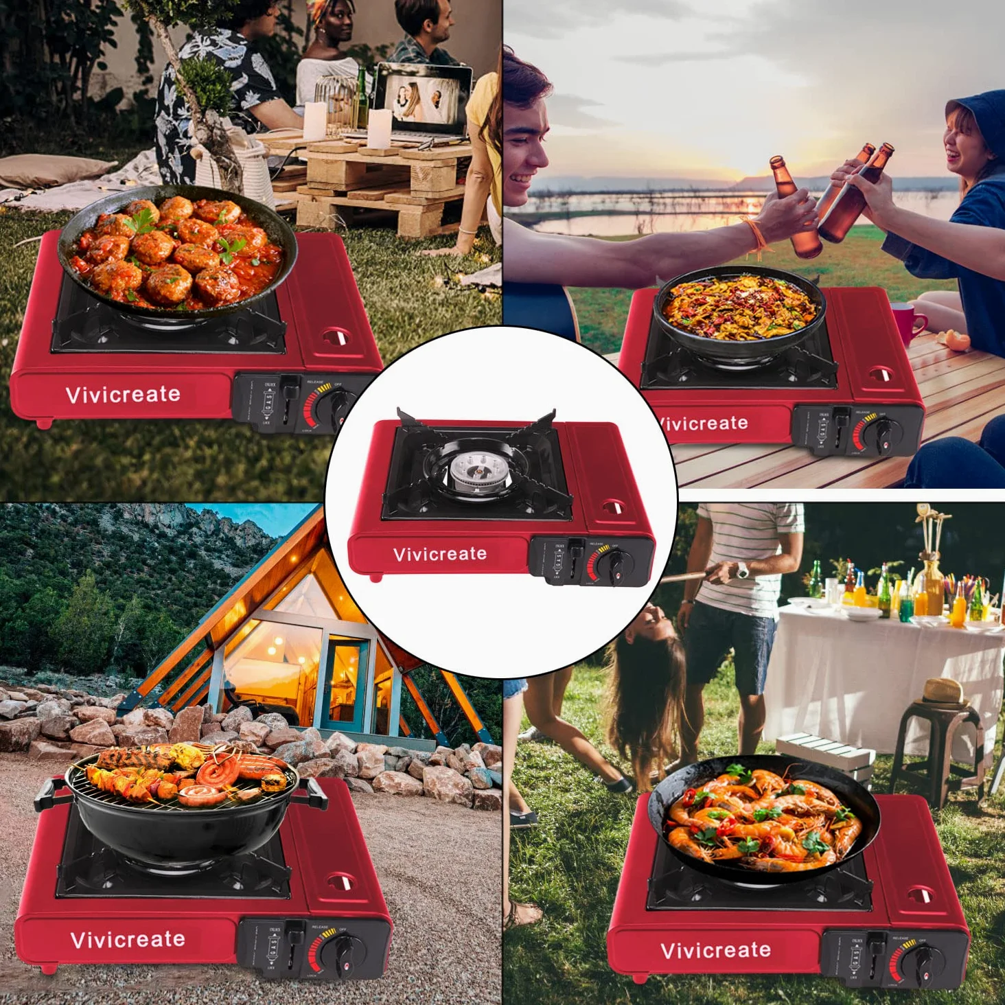 Vivicreate Estufa portátil, estufa de camping, estufa de butano, estufa al aire libre (rojo)