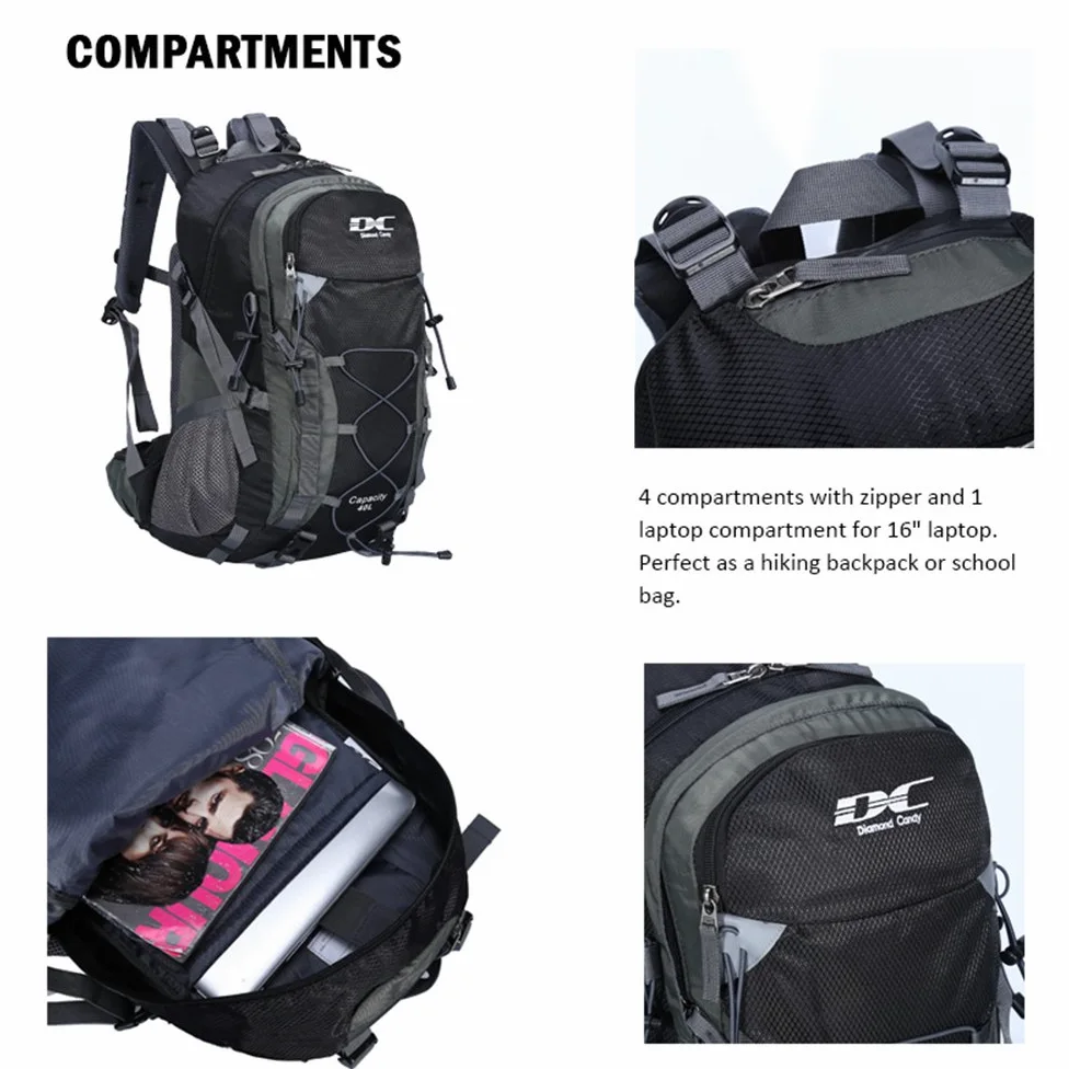Mochila ultraligera, impermeable, ideal para senderismo, escalada, actividades en exteriores, viaje a bicicleta, montar a caballo y viajar, capacidad: 40 l, diseño Diamond Candy, color negro, tamaño Talla única | Gran capacidad, camping y viajes, parte tr