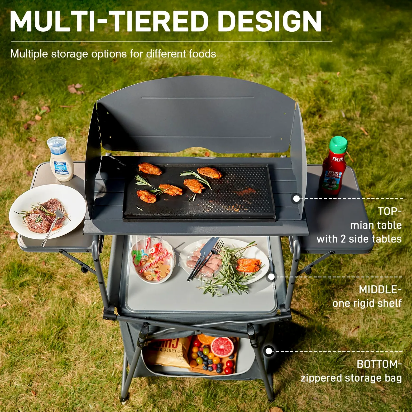 EVER ADVANCED Mesa de camping plegable portátil con bolsa de almacenamiento, mesa de parrilla con parabrisas para cocinar al aire libre, barbacoa, picnic y camping, incluye bolsa de transporte