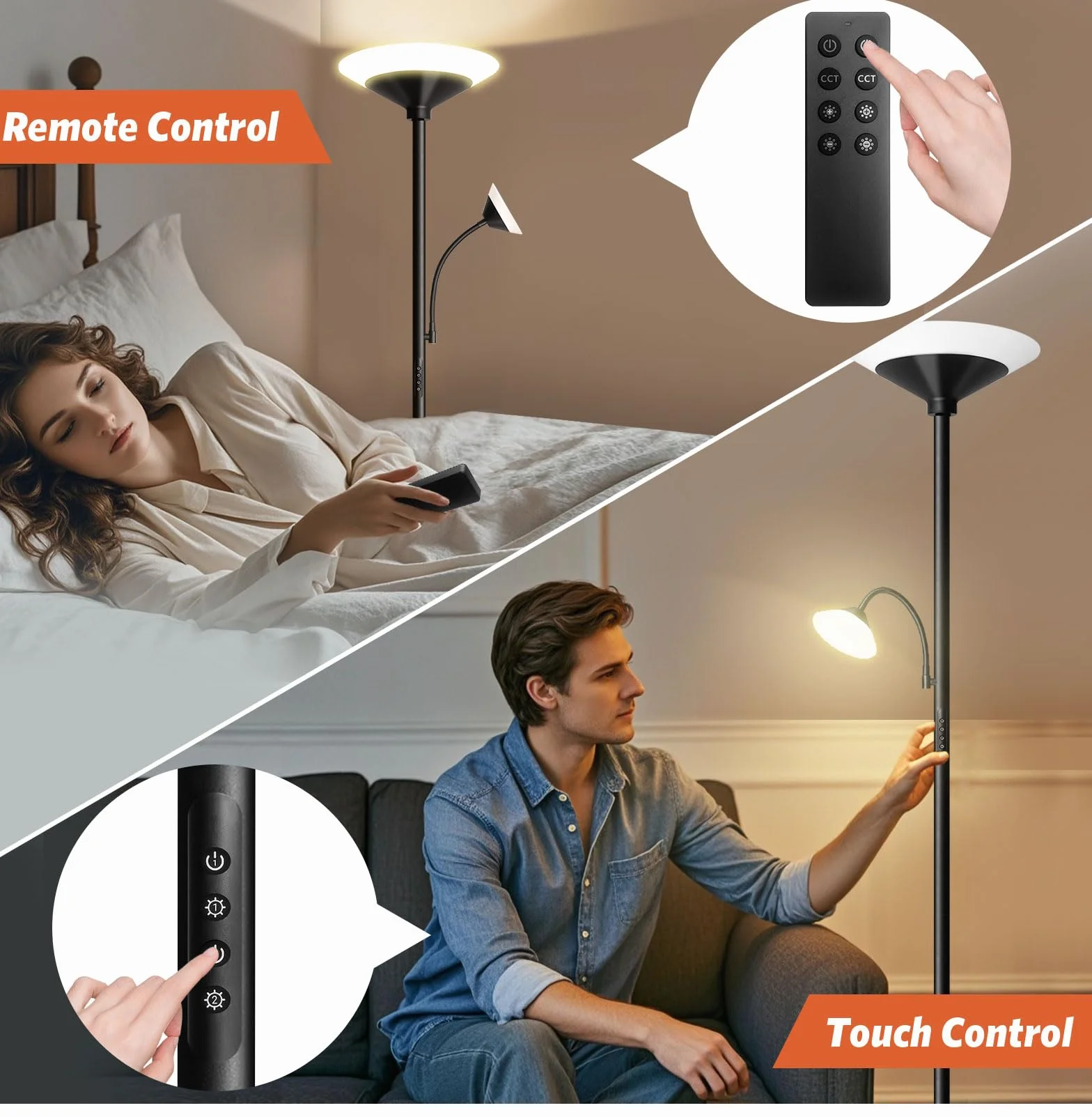 BBHome Lámpara de Pie LED 27W Regulable con Lámpara de Lectura 6W Mando a Distancia Táctil