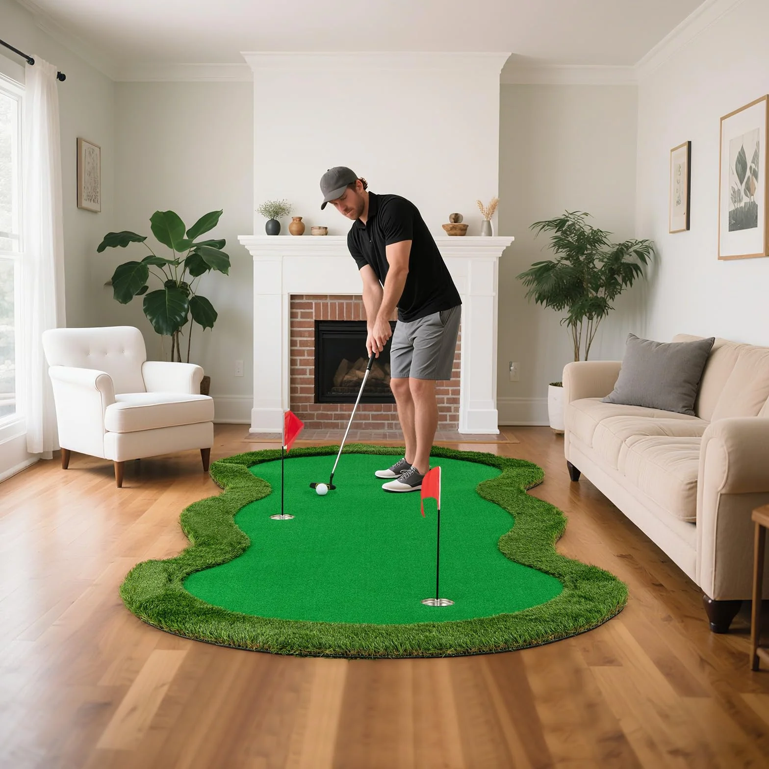 COSTWAY Alfombra de Putting de Golf, 300 X 150 CM, 3 Hoyos, 3 Banderas y Tazas, Tapete de Golf, Putting Mat Interiores Exteriores
