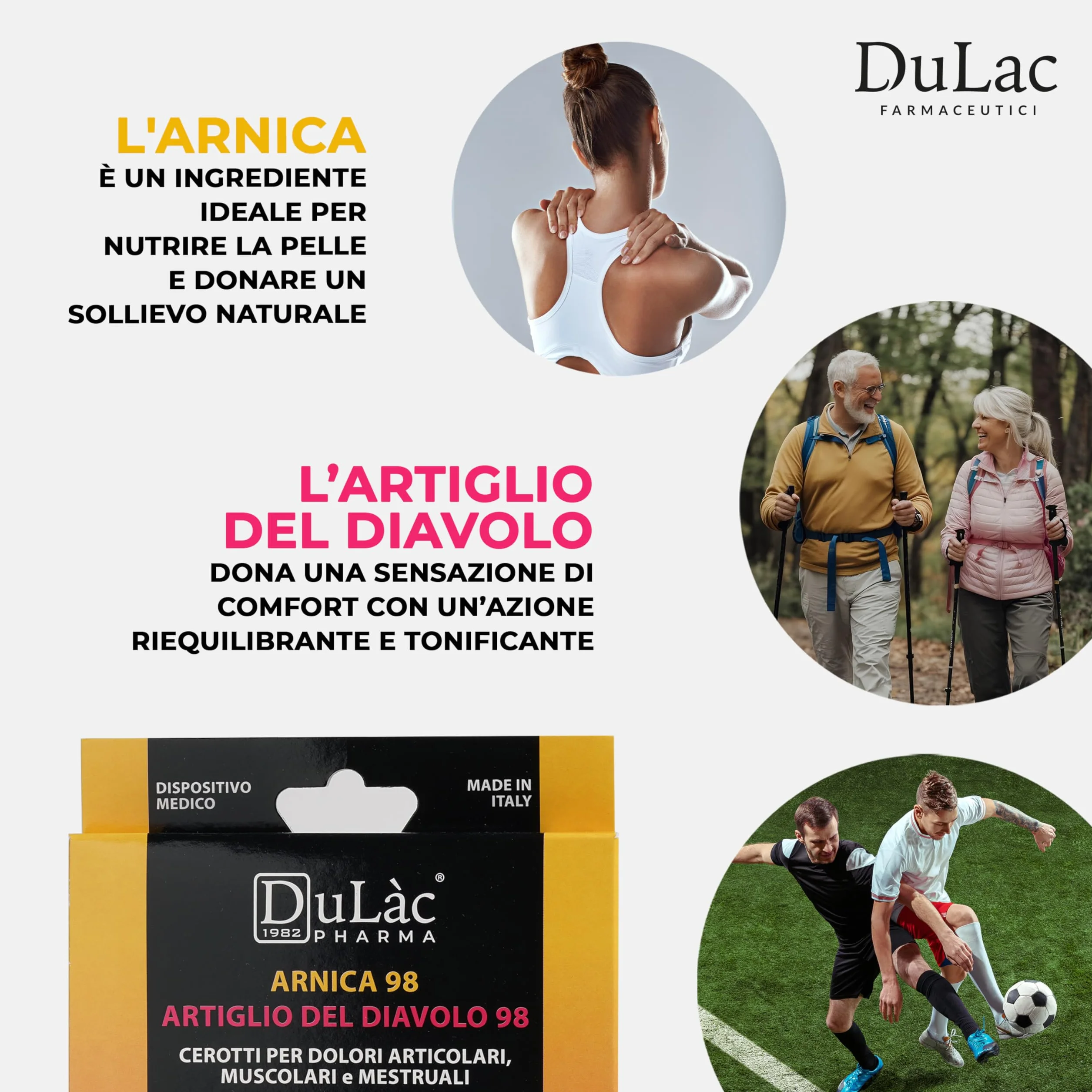 5 Parches de Árnica 98 y Garra del Diablo 98, Alivio para Dolores Articulares, Musculares y Menstruales, Dispositivo Médico Made in Italy