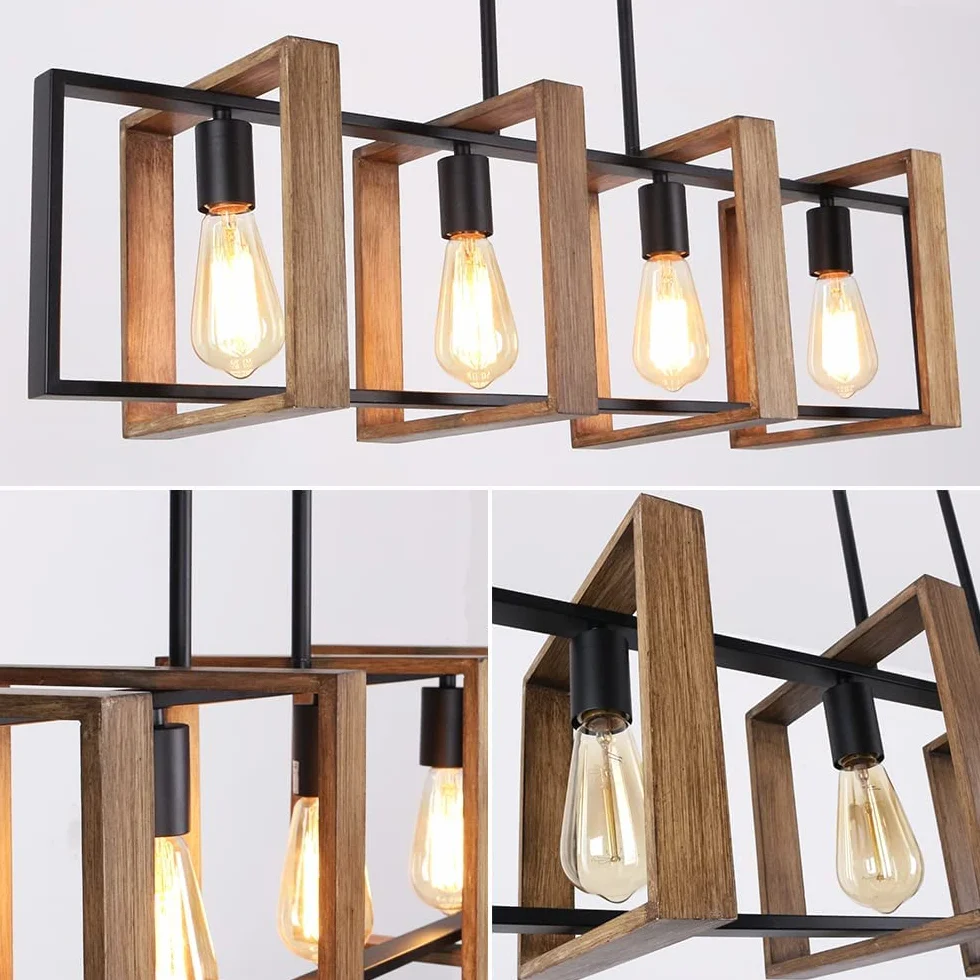 Iluminación de isla de cocina 4 lámparas colgantes modernas negras acabado madera y metal mate