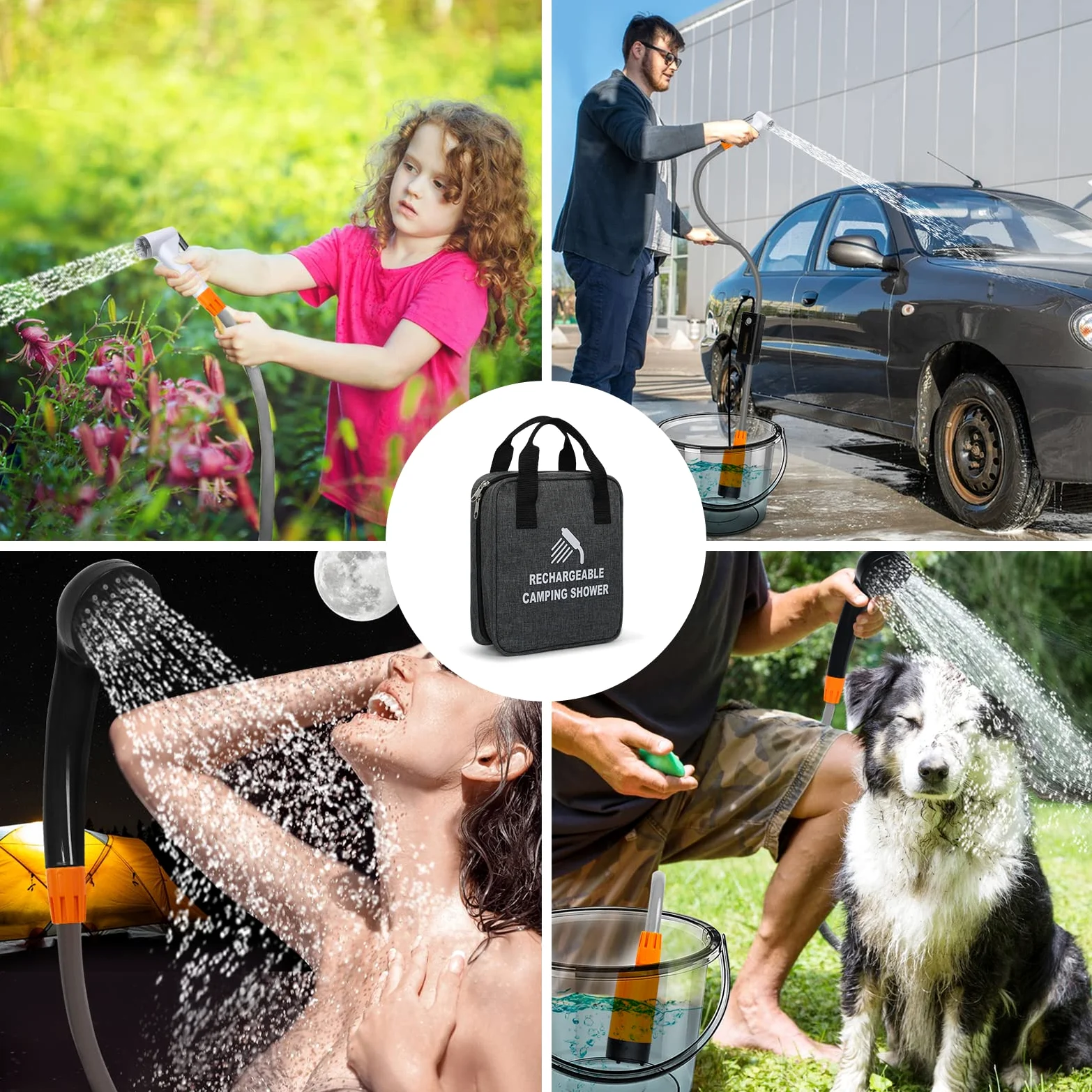 Ducha de camping portátil,luz LED,carga USB,bolsa de transporte portátil,bomba de ducha eléctrica,Con cabeza de ducha y aspersor,adecuada para senderismo/camping,playa,mascotas,al aire libre