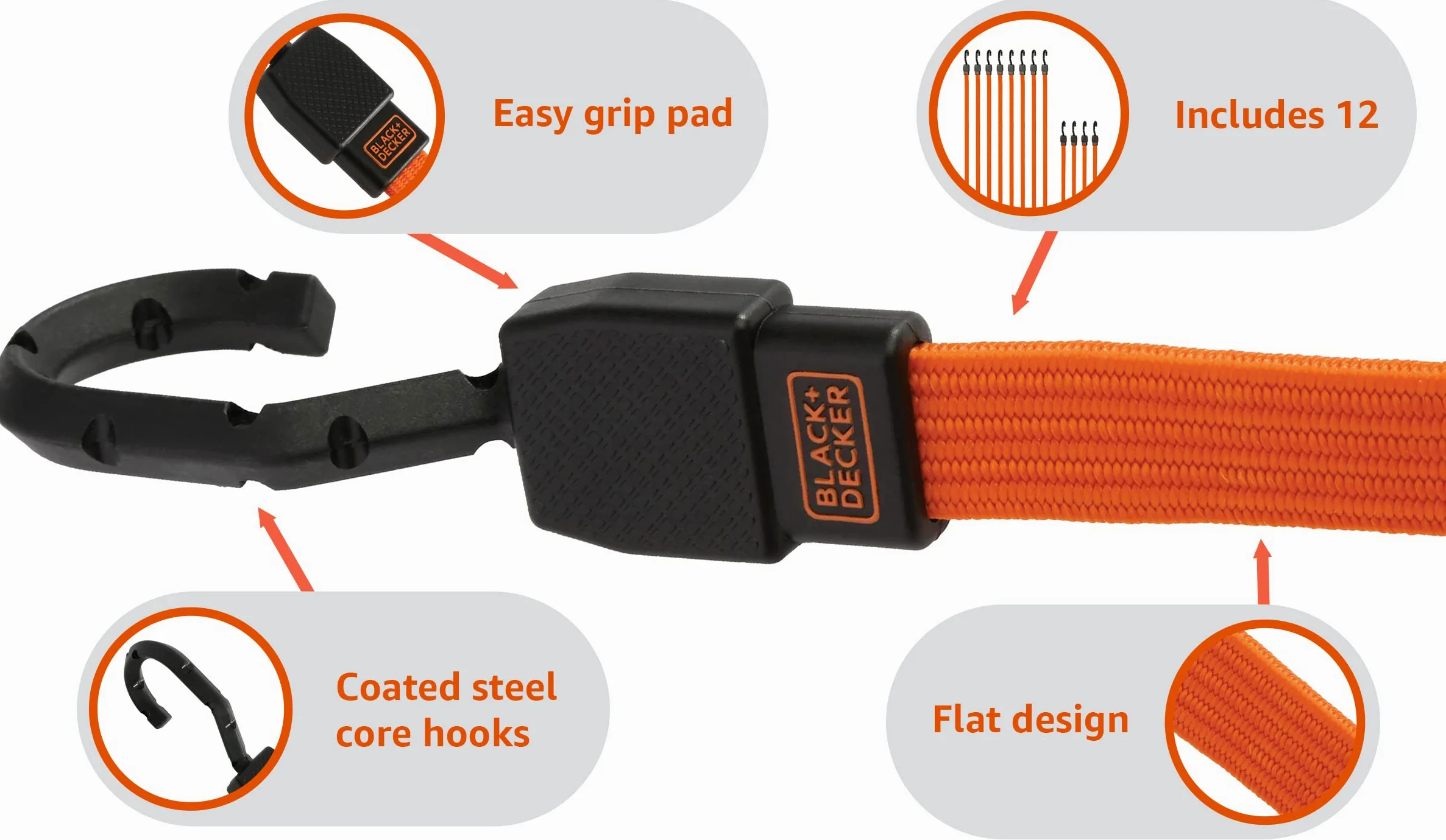 BLACK+DECKER BDX1017 - Kit de amarre de 17 piezas con cuerda de remolque de 14 pies, correas de hebilla de leva de lujo de 1 pulgada x 10 pies y cuerdas elásticas de correa plana de 24 y 36 pulgadas