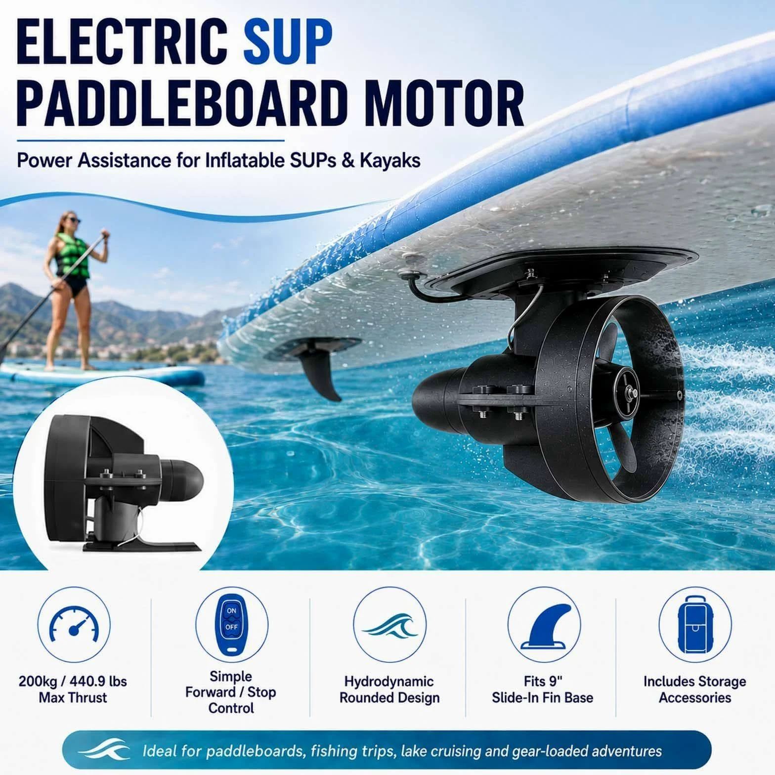 Motor Eléctrico Tipo Aleta para Sup 3-5 Km/H, Propulsor Submarino de 12 V para Kayak y Paddle Surf, Hélice de Doble Velocidad 216W
