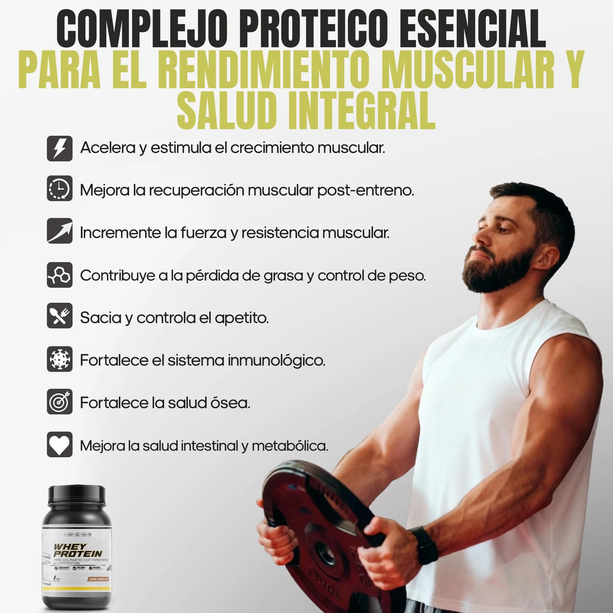 Whey Protein 1KG Polvo Chocolate 43g Proteína BCAA Glutamina Colágeno Magnesio Vitamina B6