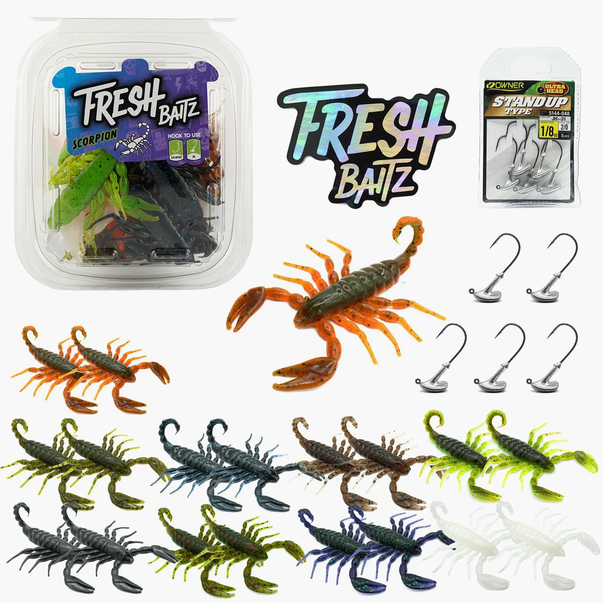 FRESHBAITZ Scorpion Sampler Kit | Señuelos de pesca de plástico suave para boca grande de agua dulce y lubina de boca pequeña, paquete de aparejos de pesca
