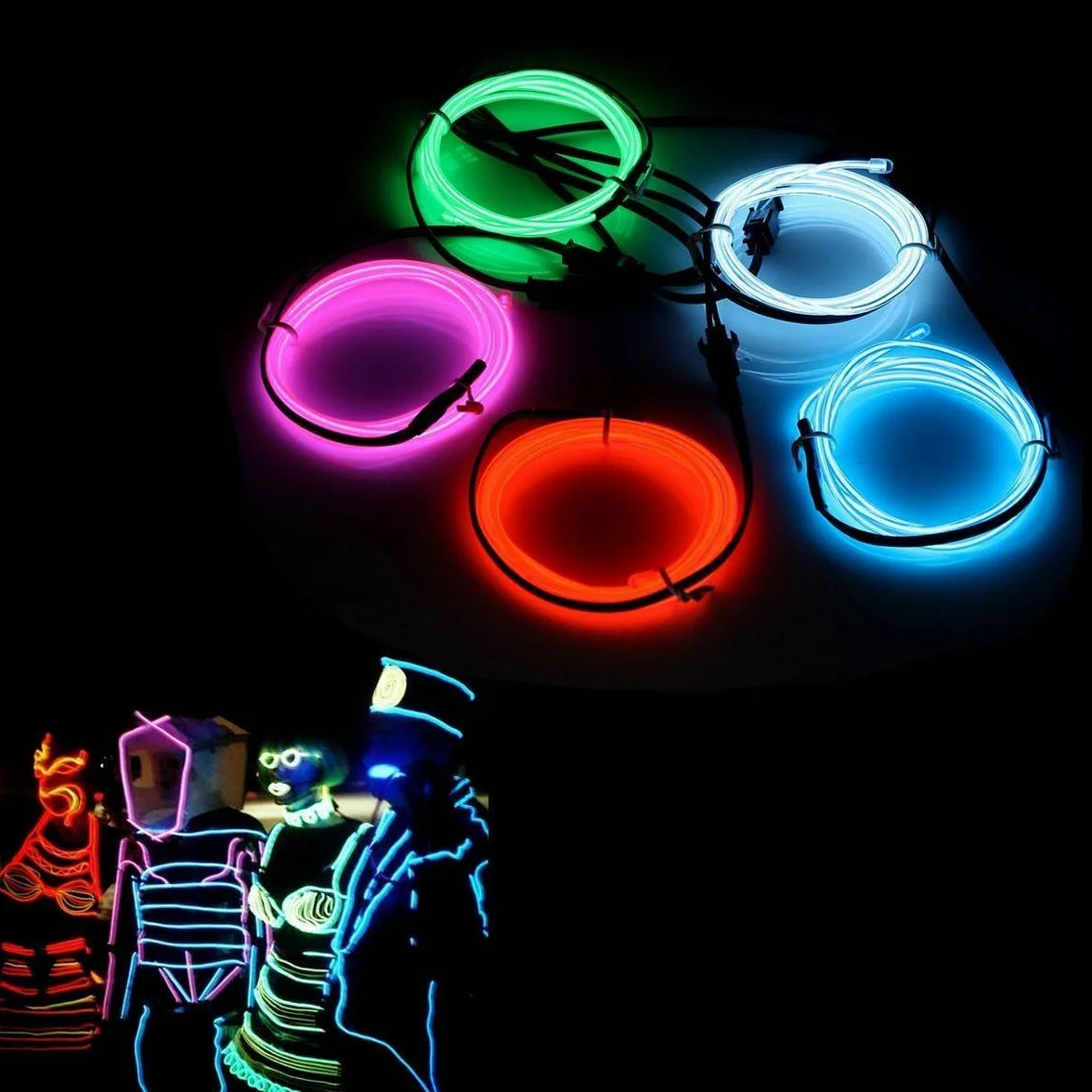 AUDEW EL Wire alambre neón 1M x 5 colores brillante electroluminiscente pila caja