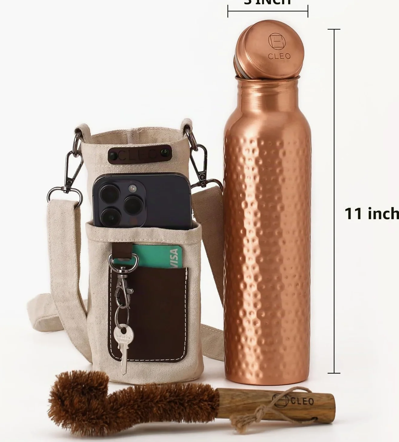 Botella de Agua de Cobre Puro Martillado a Mano 950 ml – Botella Ayurvédica Antifugas Sin BPA para Yoga, Viajes y Oficina con Bolsa de Lona, Bolsillo, Porta Tarjetas y Cepillo