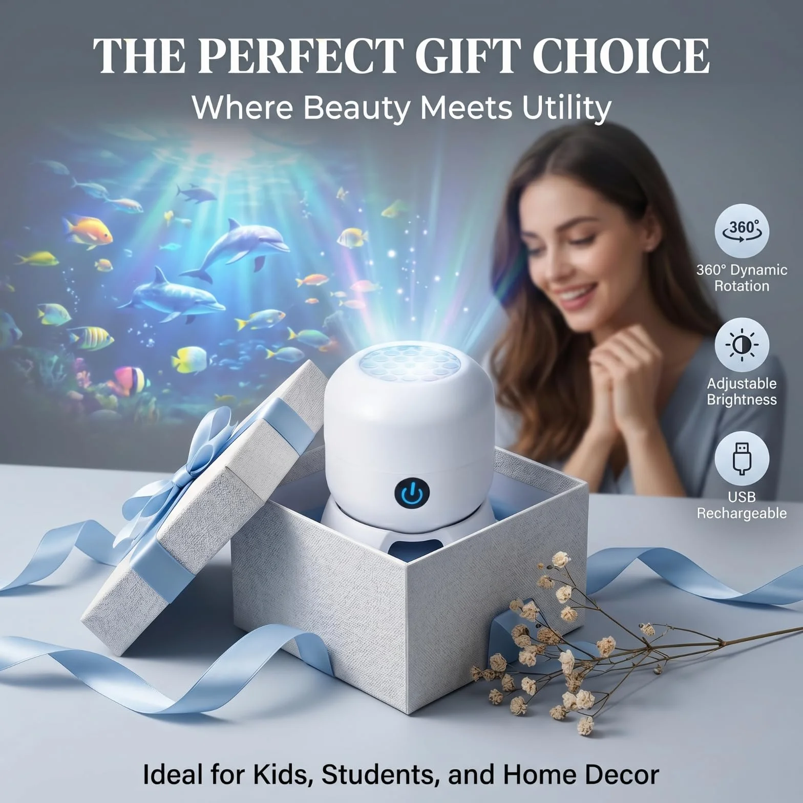 PGonline Proyector LED Giratorio Dinámico con Rotación 360°, Alimentado por USB, Lámpara de Proyección Océano Copo Nieve