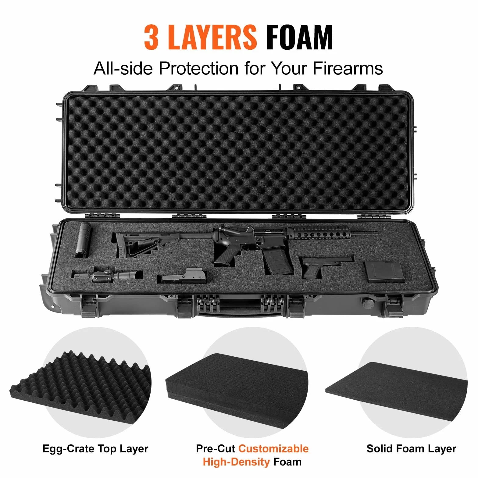 VEVOR Estuche Largo para Armas 109 cm Estuche Rígido para Rifle 3 Capas de Acolchado de Espuma Maletín para Rifle de Caza, con Cerradura, PP, Impermeable, Transporte Conveniente con Ruedas para Rifle