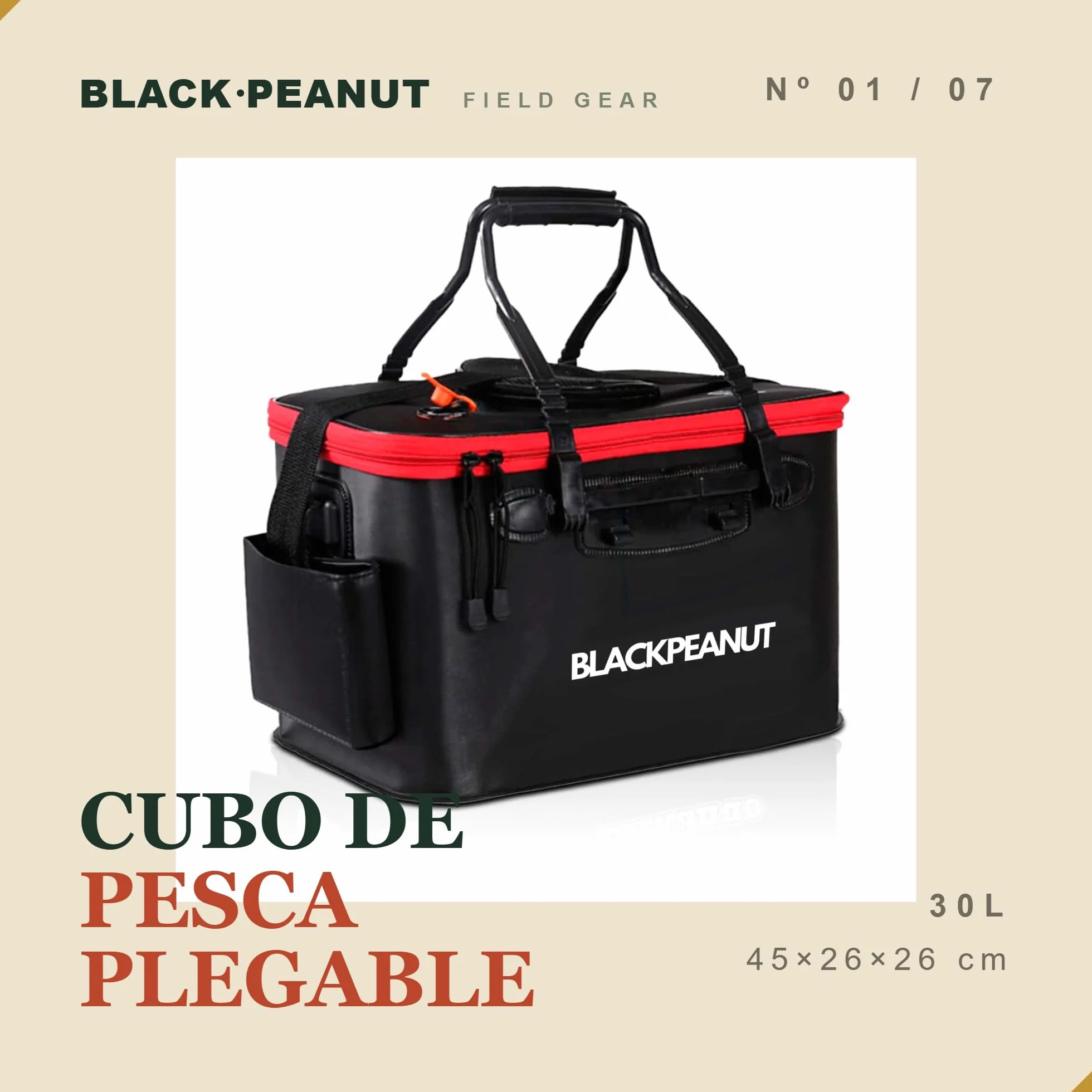Cubo de Pesca Plegable 30L Negro Stealth – PVC 1 mm Resistente al Agua – Vivero Cebo Vivo – Carpfishing, Surfcasting y Spinning – Mar y Río – Asas + Bandolera