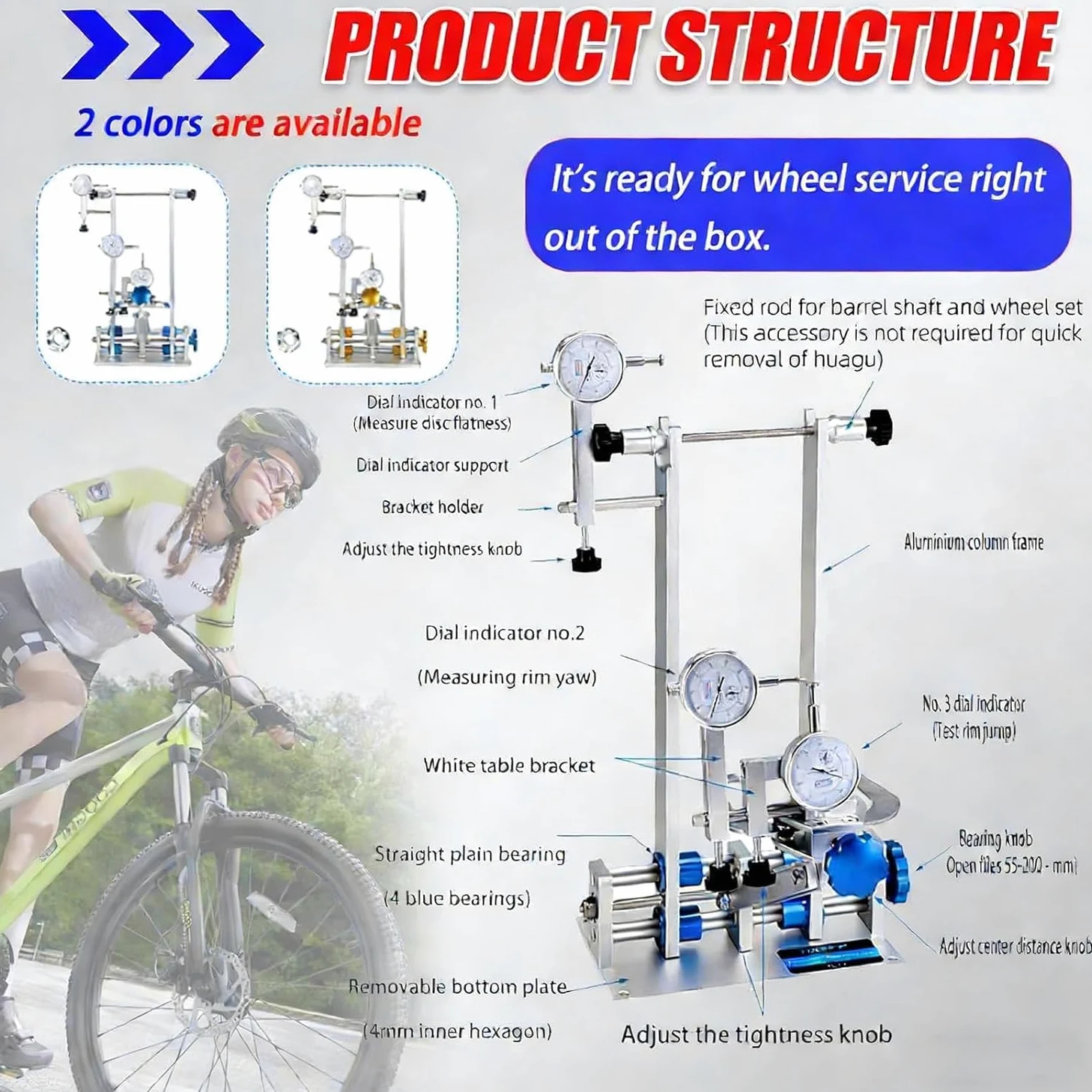 Soporte de rueda con soporte de rodamiento, soporte de mantenimiento de bicicleta de aleación de aluminio para llantas de 16 a 29 pulgadas, 3 medidores de precisión y llave de radios de varios tamaños