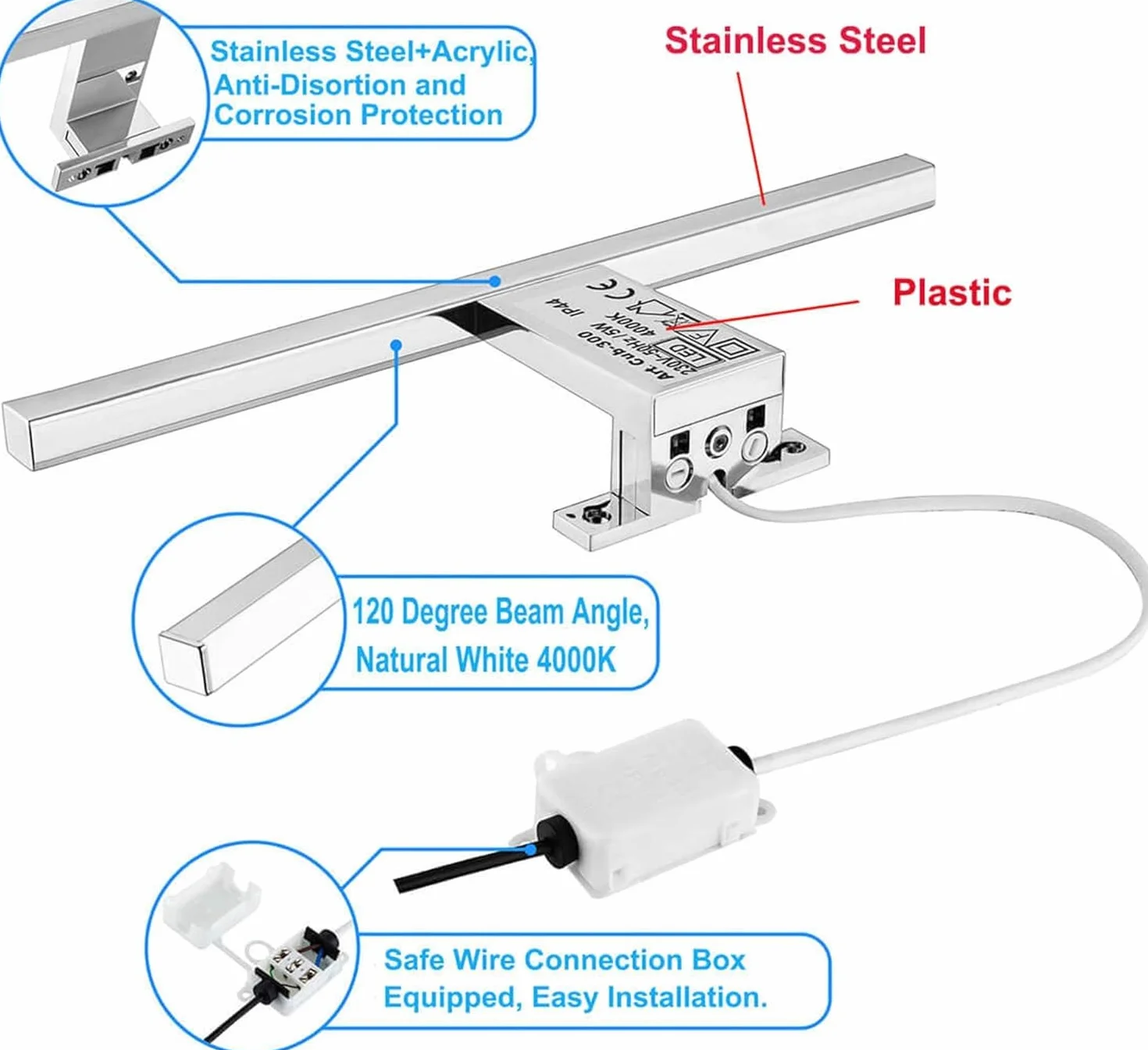 Lámpara de Acero Inoxidable LED 3 en 1 Espejo Baño 5W 400LM 30cm 230V 4000K Blanco Neutro