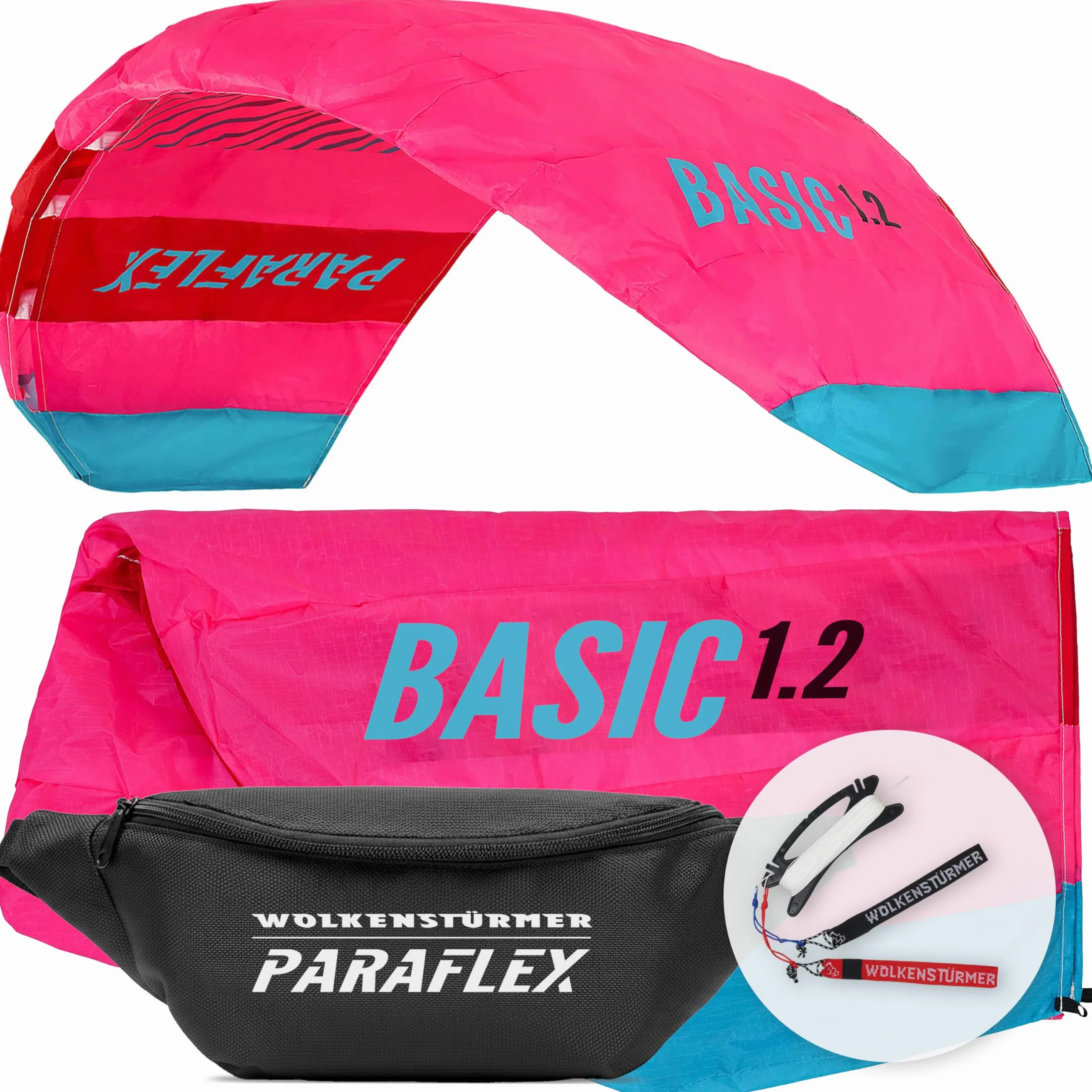 Wolkenstürmer Paraflex Basic 1.2 Cometa Pilotable, Poliéster Ripstop 70D, Rosa, 120 cm, 14 años, 2 líneas 45 kg