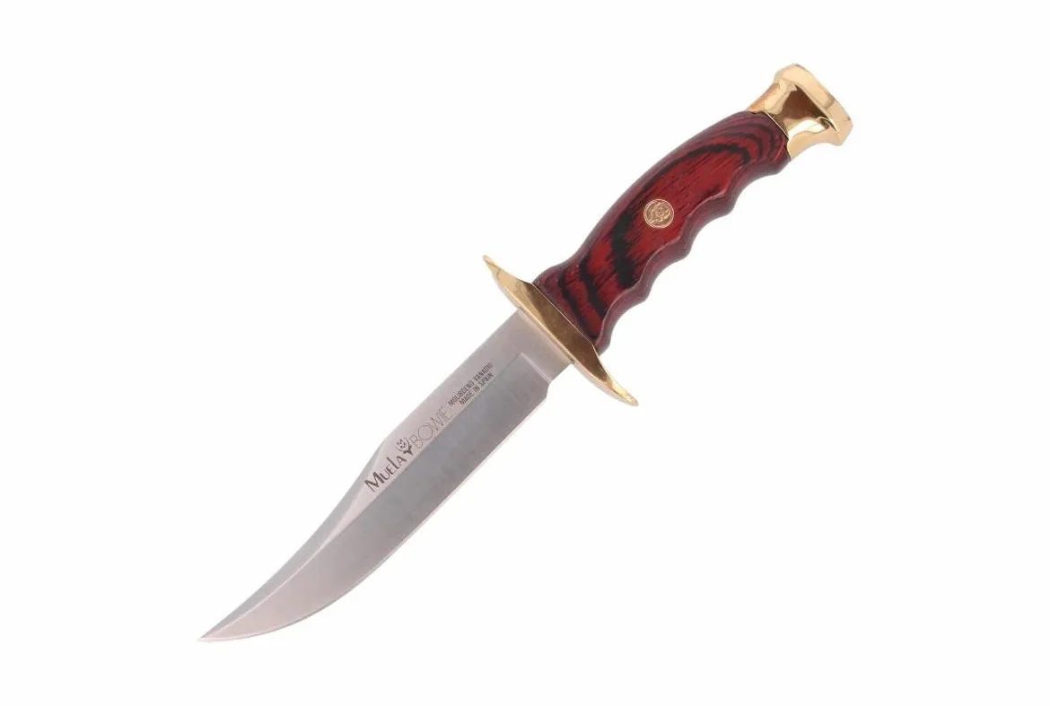 Muela Cuchillo de caza BW-14 con hoja de acero inoxidable ACX-380 de 14 cm y empuñadura de madera de coral para Caza, Pesca, Supervivencia y Bushcraft + Portabotellas de regalo