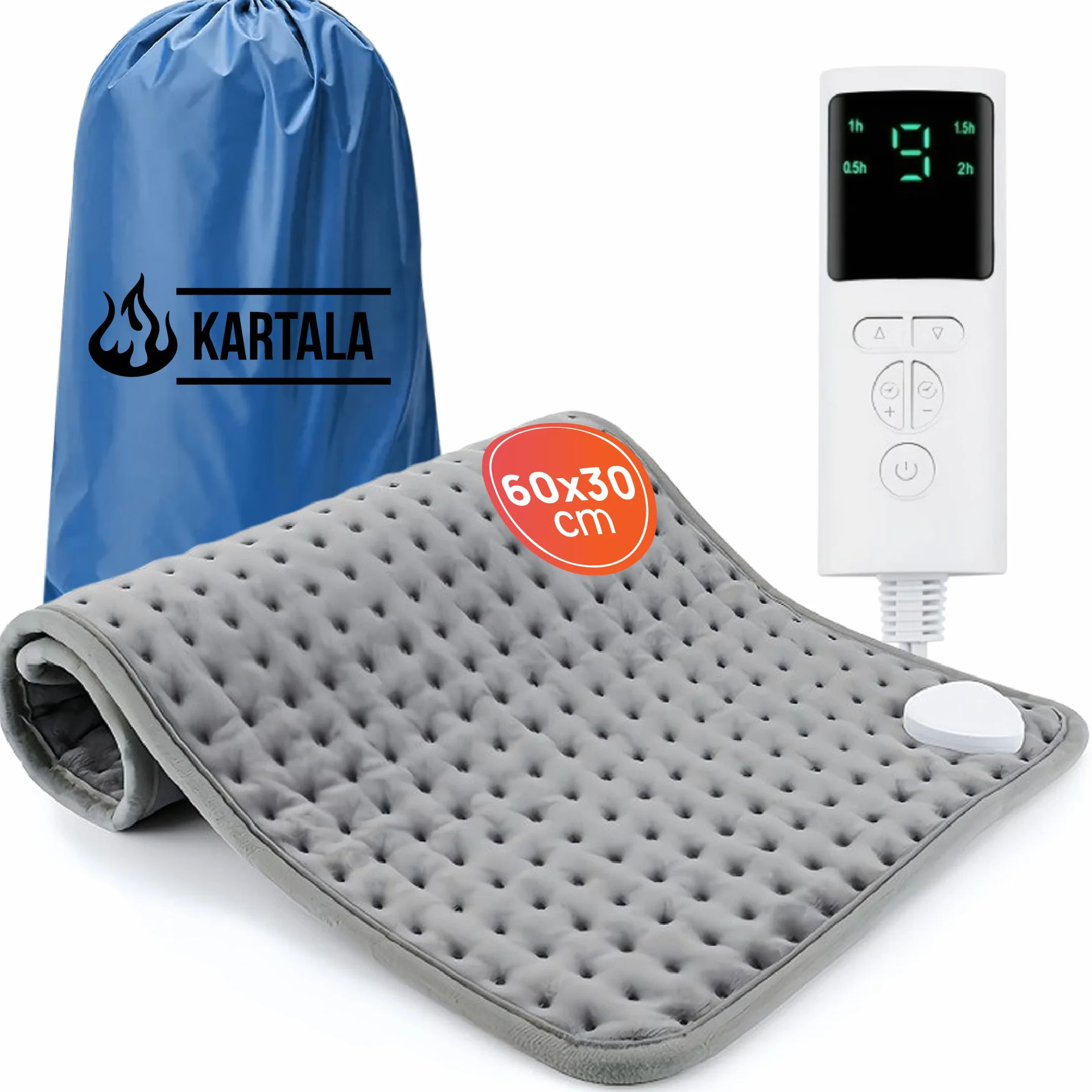 Manta Térmica Lumbar Kartala 30×60 cm con Bolsa, 9 Temperaturas, 4 Temporizadores, Lavable y Portátil