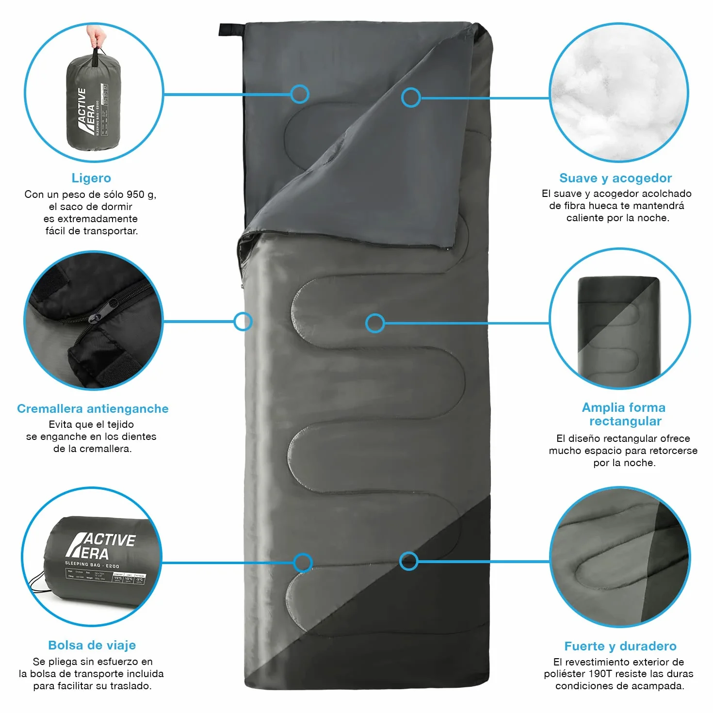 Active Era Saco de Dormir Ligero, 950 g, cálido, Transpirable para Adultos y niños. 10°C a 15°C, Uso Extremo -3°C. Campismo, Viajar, Senderismo, Interior y Exterior - 190 x 75cm