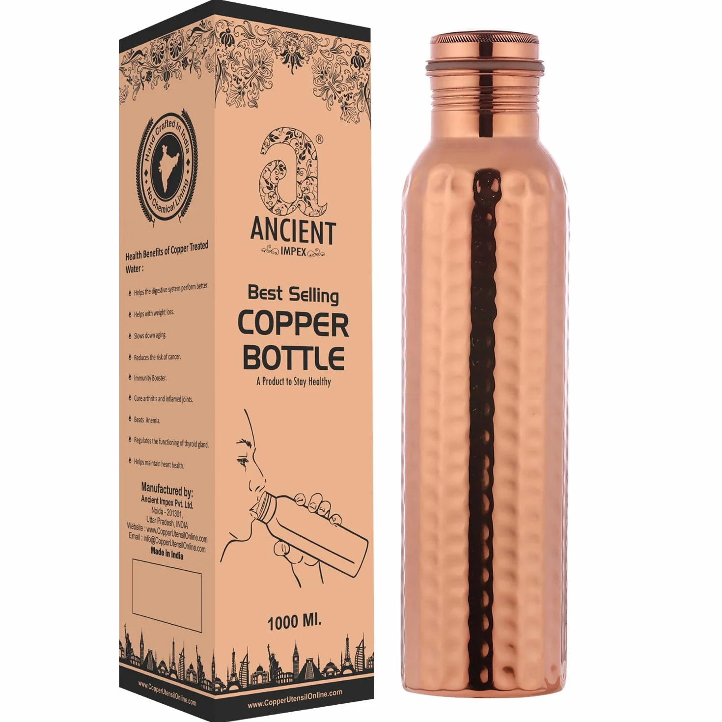 ANCIENTIMPEX Botella de Agua de Cobre Puro Martillado 1000ml | Botella de Cobre Sin Costuras a Prueba de Fugas para Beneficios de Salud Ayurvédicos, Desintoxicación e Hidratación Diaria | Botella