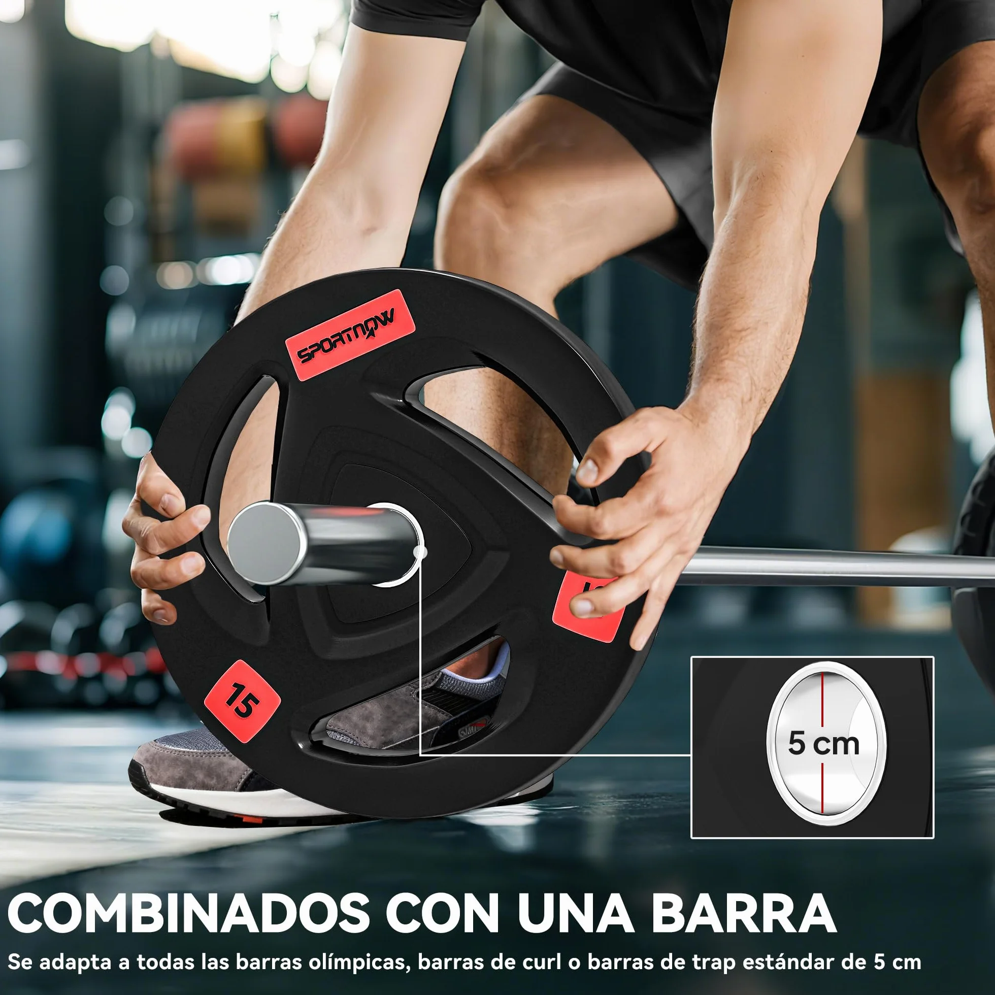 SPORTNOW Discos Pesas Olímpicos 5kg a 15kg, Agujero Ø50 mm, de Hierro Fundido, Recubierta de Goma, 2 Placas de Pesas con Triple Agarre, para Mancuernas y Barras, Entrenamiento en Casa, Gimnasio, Negro