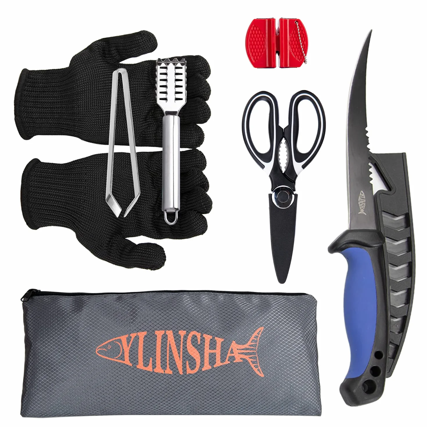 Kit de limpieza de peces, 7 cuchillos de pesca recubiertos, cepillo de limpieza de escamas, tijeras multifuncionales, guantes anticorte, pinzas