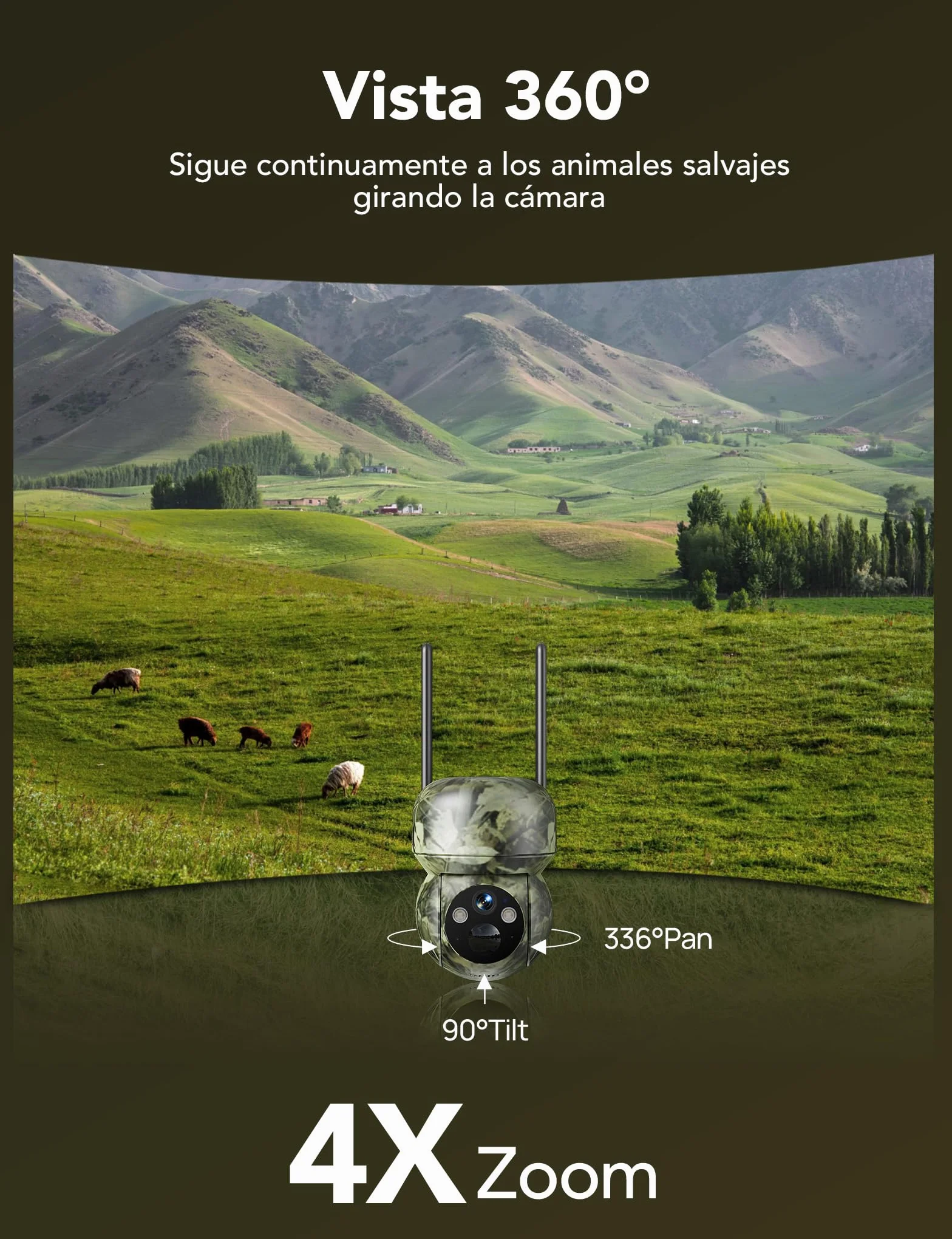 GNCC 4G LTE Camara Fototrampeo de Caza 360°PTZ, 2K Cámara Vigilancia Solar con Tarjeta SIM, Visión Nocturna en Color/Infrarrojos, Audio Bidireccional, IP65 Impermeable, para Caza y Monitoreo Remoto