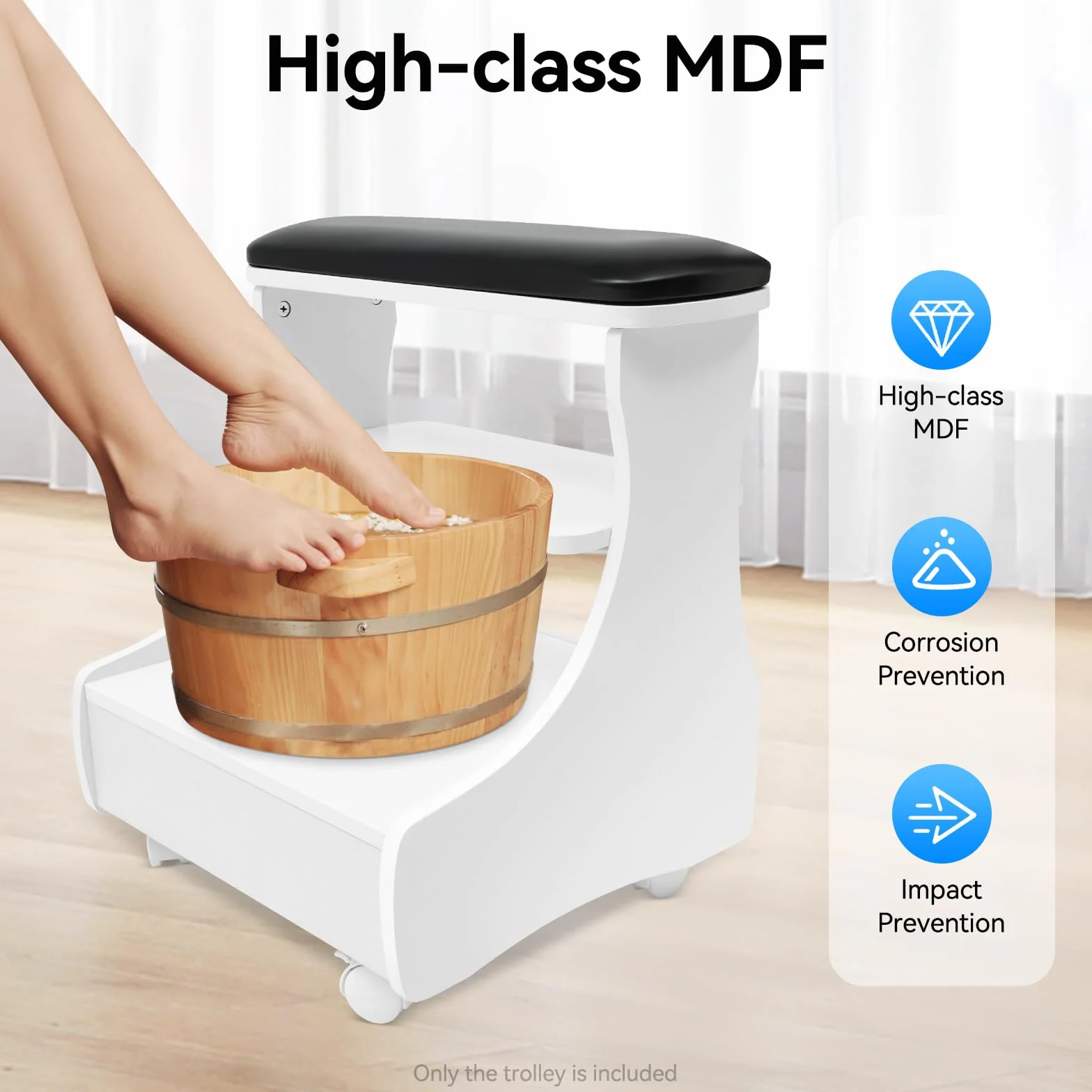 Taburete Pedicuro con Reposapiés, Mueble Rodante para Cuidado de los Pies, Bandeja y Almacenamiento, Negro