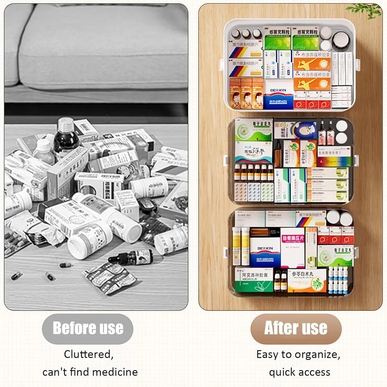 Caja para Medicamentos 3 Niveles Botiquín Casa Portátil con Asa Ergónomica Tapa Transparente Blanco 40,5x28x22 cm