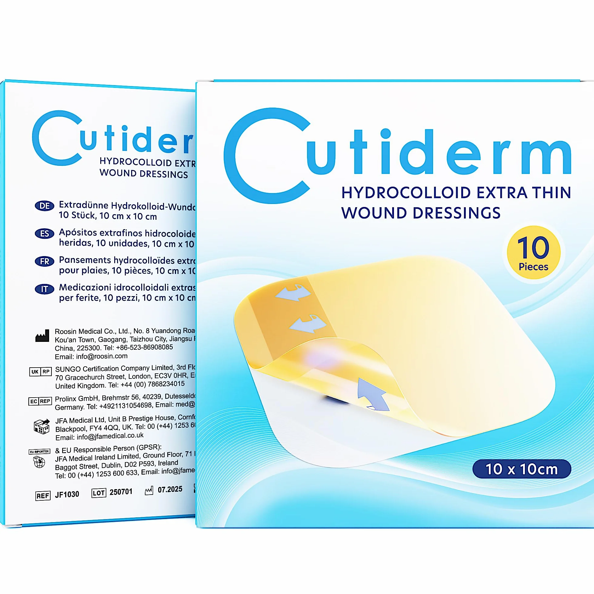 Cutiderm Paquete 10 vendajes hidrocoloides extrafinos 10 cm x 10 cm estériles
