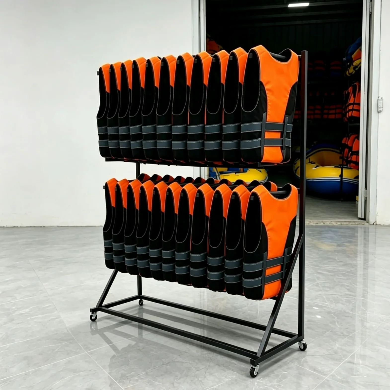 Estante de Almacenamiento para Chalecos Salvavidas, Soporte Independiente con Ruedas giratorias bloqueables, Capacidad para hasta 20 Chalecos, Organizador y secador de Metal Resistente