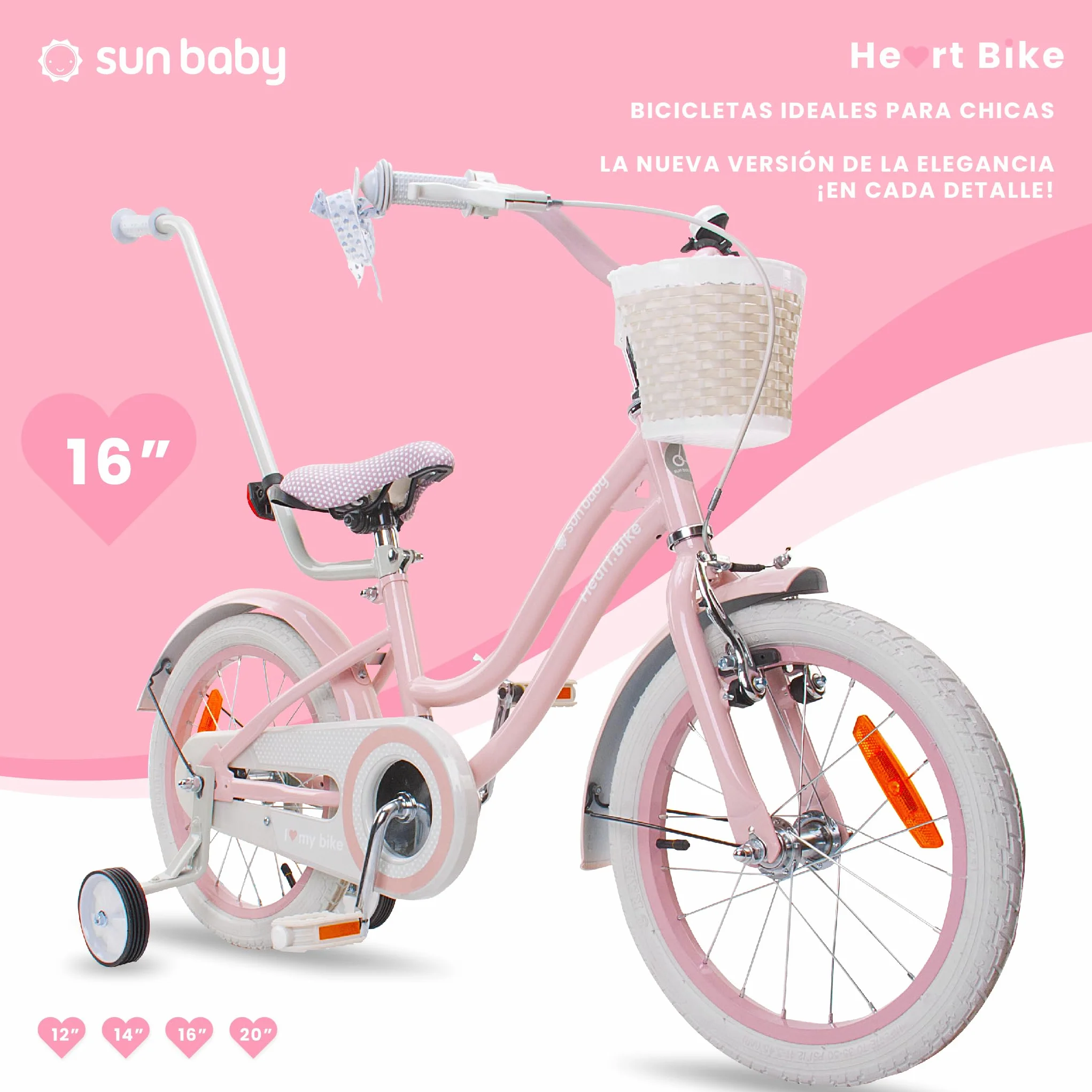 sun baby Heart Bike Bicicleta Infantil para niña 12/14/16 Pulgadas, con ruedines, Barra de Empuje, Cesta, Timbre, Freno contrapedal y V-Brake