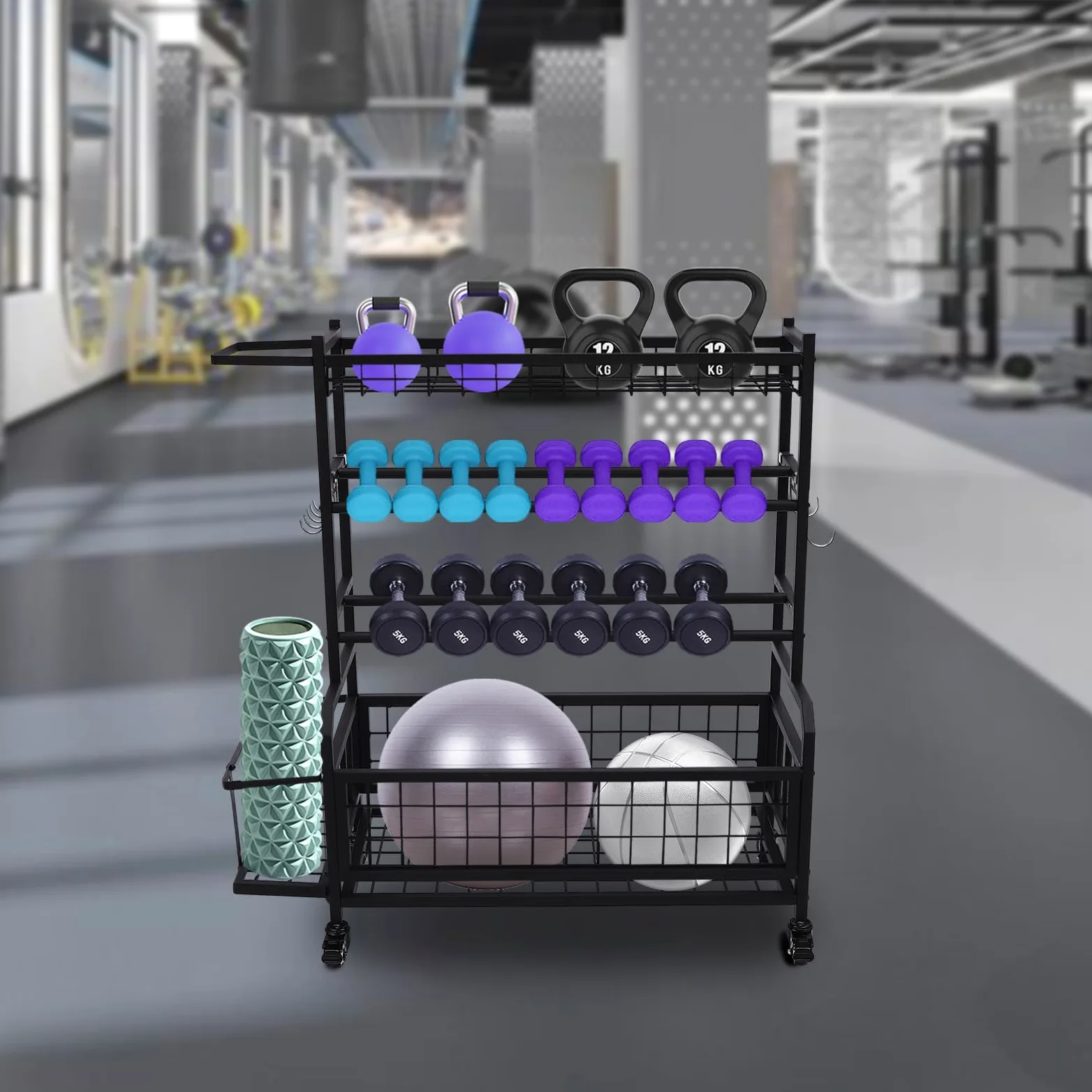 Soporte de pesas para gimnasio en casa, mancuernas, soporte para mancuernas con ruedas, para gimnasios, estudios de yoga, color negro, 102,5 x 40 x 105,6 cm