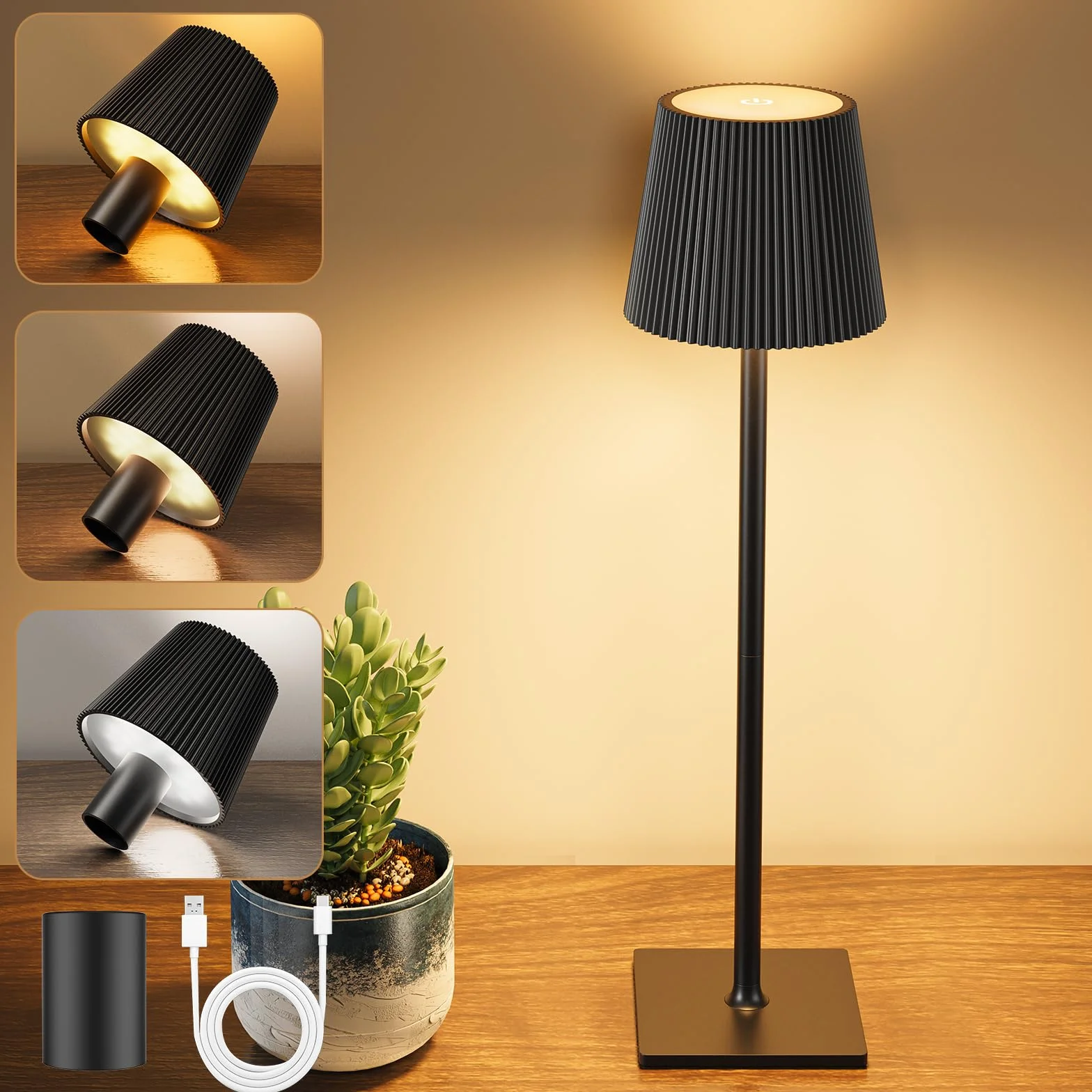 Lámpara de Mesa LED Inalámbrica Recargable con USB-C, Regulable, Negro