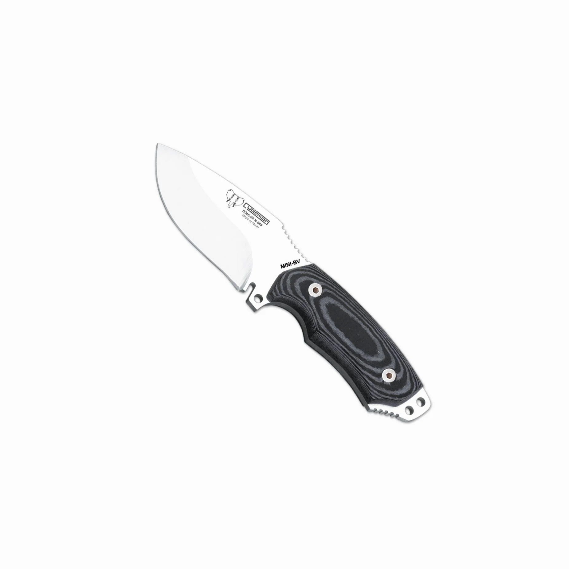 Cudeman Cuchillo 115-B* Mini Boina Verde hoja de acero inox ACX-380 de 9 cm empuñadura de micarta negra de 10 cm funda de cuero para caza, pesca, supervivencia y bushcraft + Portabotellas regalo