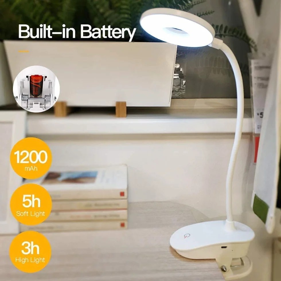 Lámpara de lectura con clip, recargable USB, 3 niveles de brillo