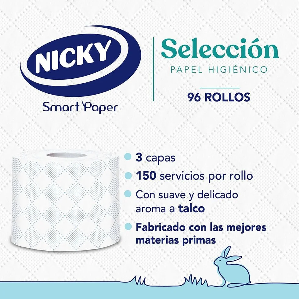 Nicky Papel Higiénico 96 Rollos 3 Capas 150 Hojas Aroma Talco Extrasuave FSC