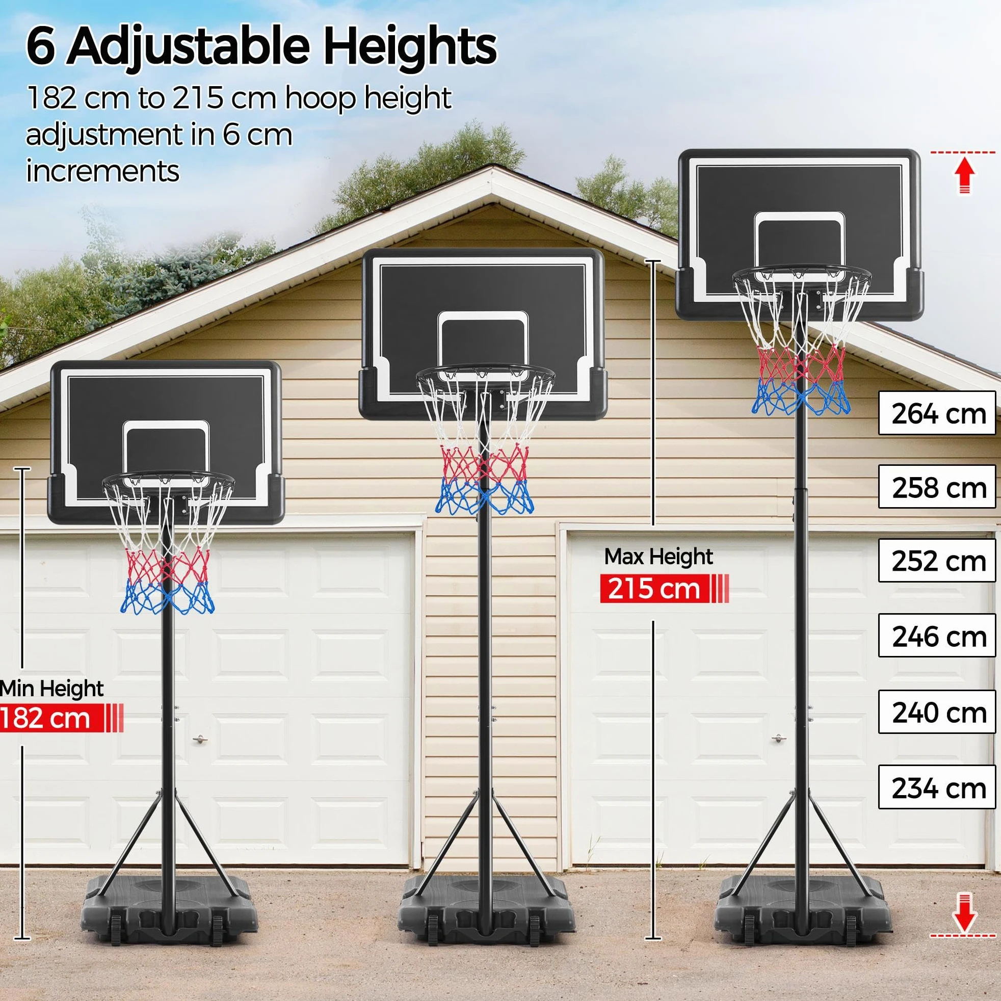 Yaheetech Canasta Baloncesto Exteior, Aro de Baloncesto con Ruedas Tableros de Baloncesto para Adultos Altura Ajustable 182-215 cm Negro
