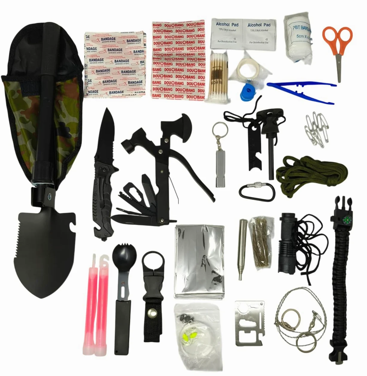 Kit de Supervivencia 50 en 1, Equipo Táctico con Bolsa Impermeable, Herramientas Multifunción y Primeros Auxilios para Camping y Emergencias.