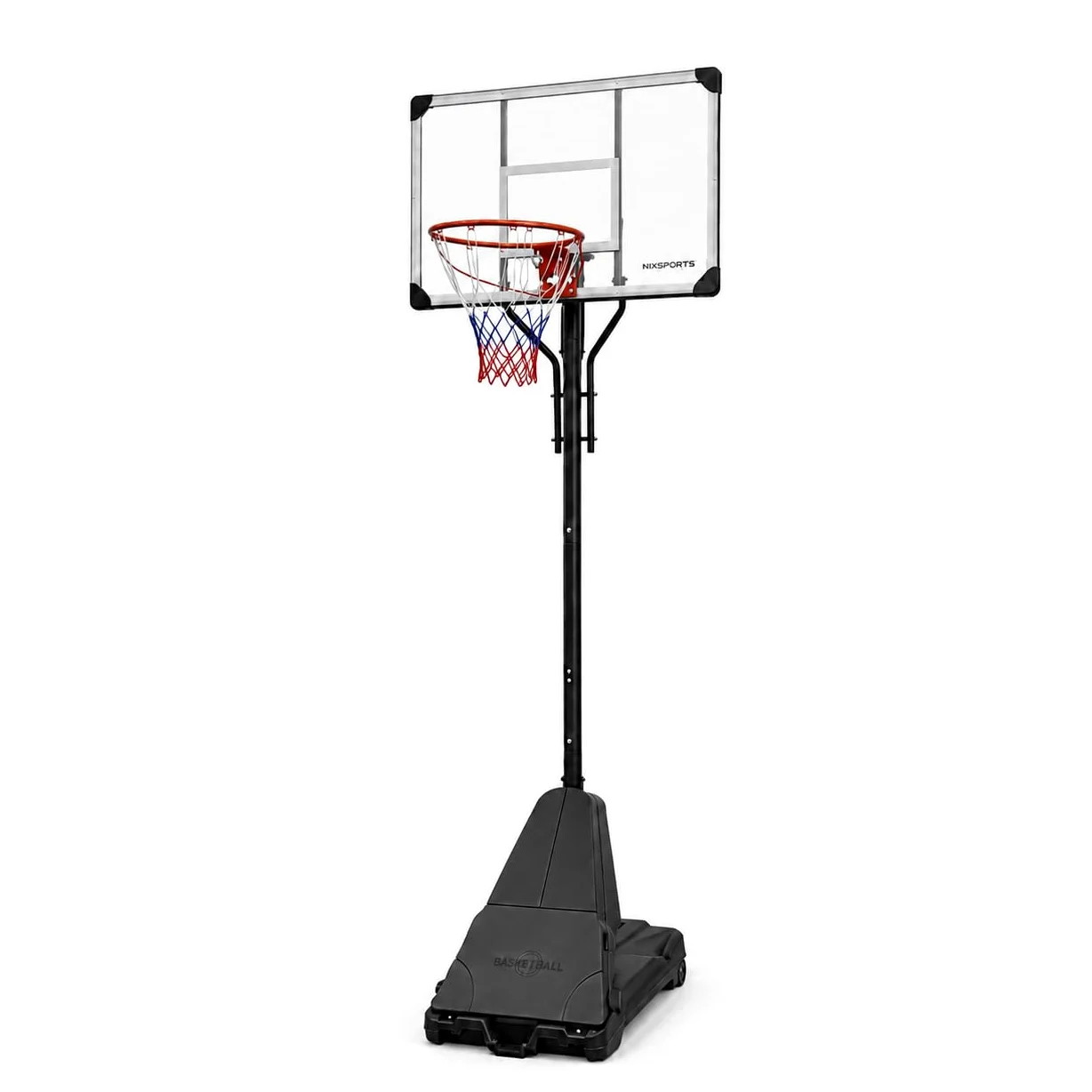 Canasta de Baloncesto portátil Regulable con Ruedas – Base rellenable, aro metálico con Red Tricolor – Uso jardín y Exterior