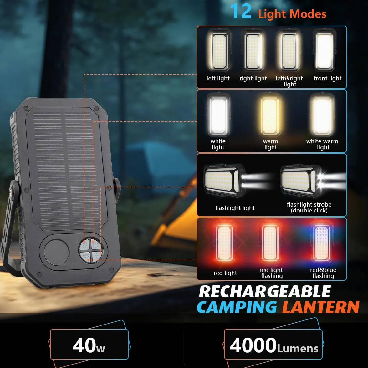 Linterna LED recargable para camping, 10000 mAh, luces de camping portátiles de hasta 120 horas, 12 modos de luz, regulable, pantalla digital LCD, impermeable, artículos esenciales de camping para
