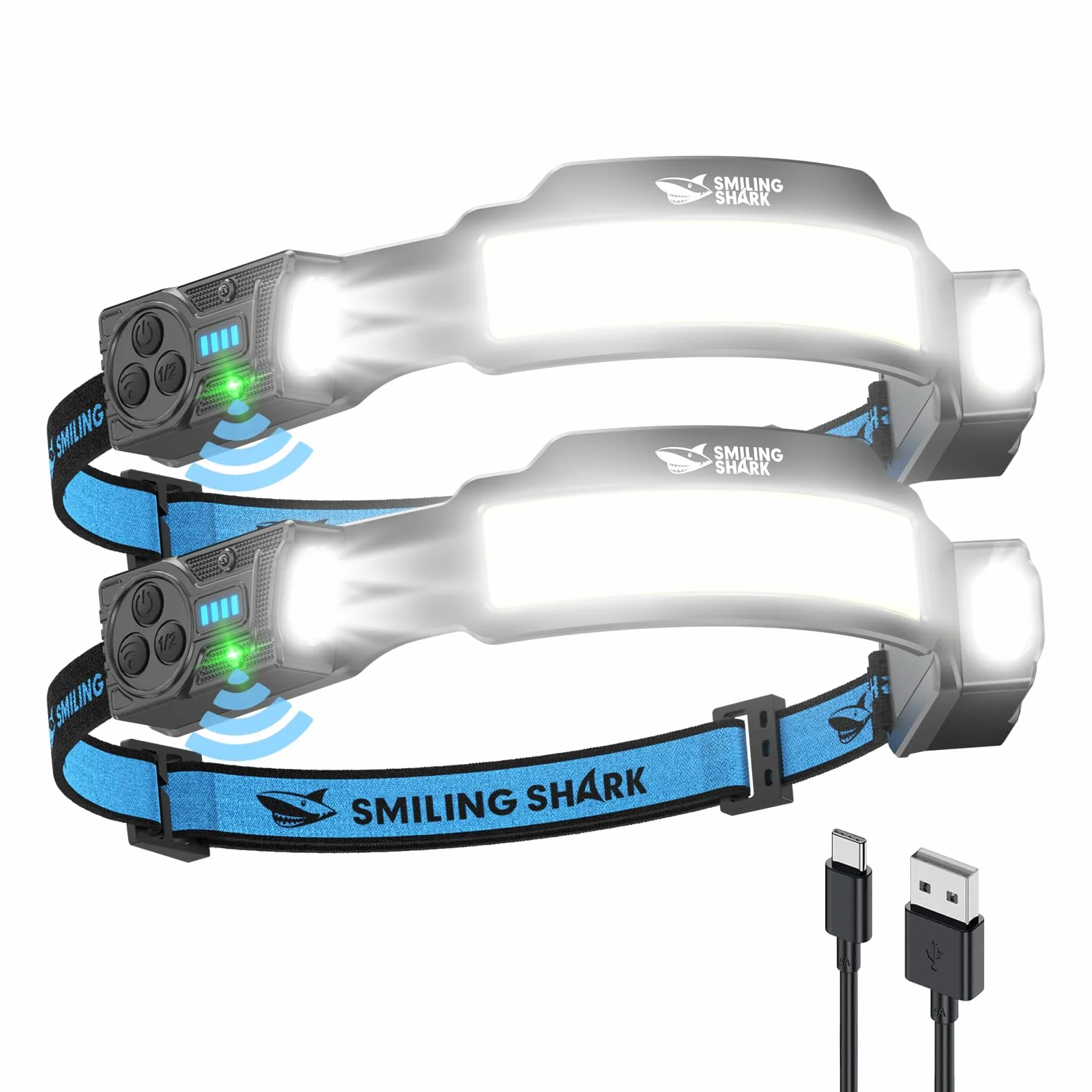 Smiling Shark TS-4 Lámpara Frontal, Linterna Cabaza LED Recargable 2400mAh con Doble Foco Ajustable&Inclinable Sensor de Movimiento Diseño Manos Libres para Camping Jogging Senderismo Correr (2)