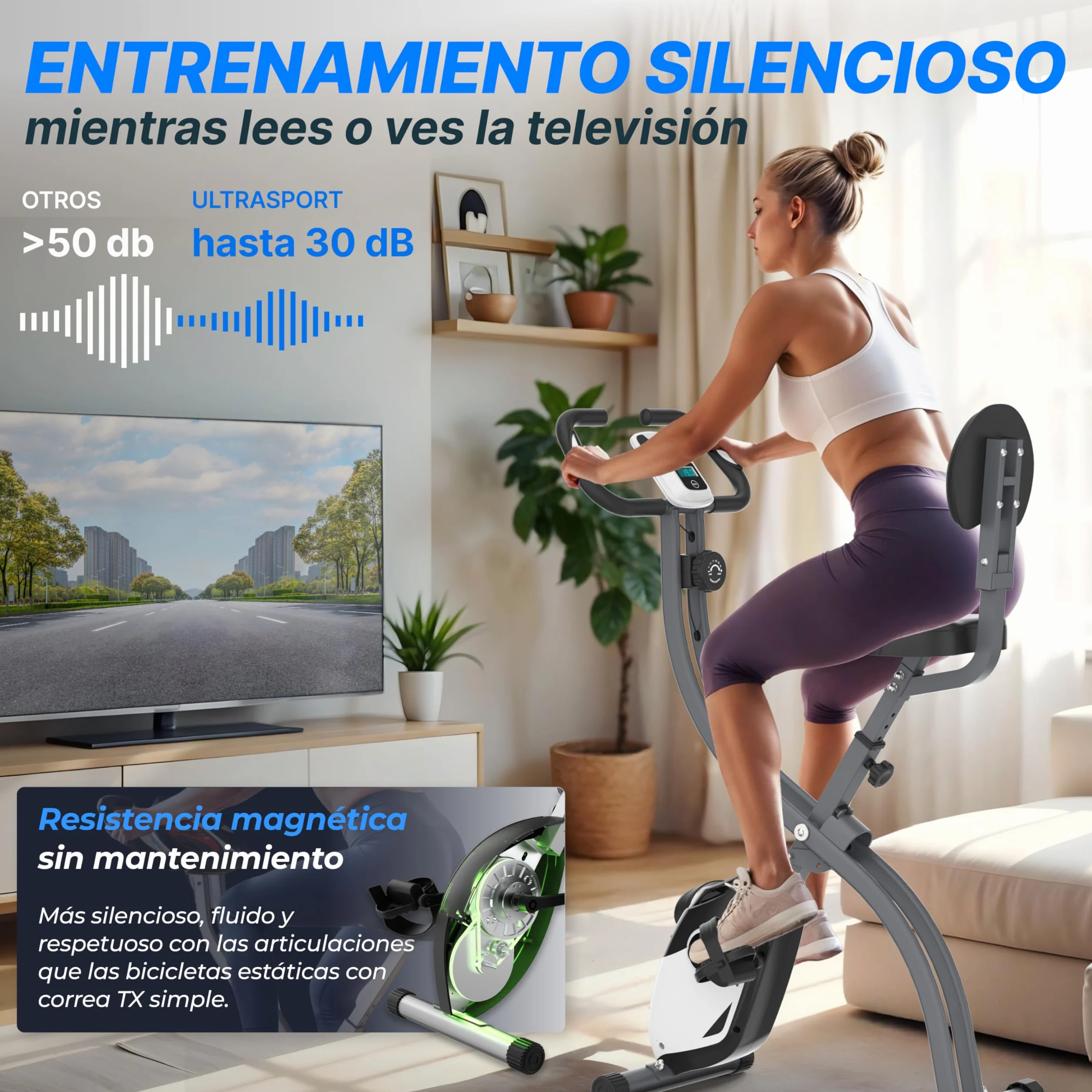 Ultrasport F-Bike Bicicleta Estática Plegable hasta 130 KG, Extra Silencioso con Sillín de Confort Ajustable - Bici Estática Plegable Indoor, Bicicletas Estáticas